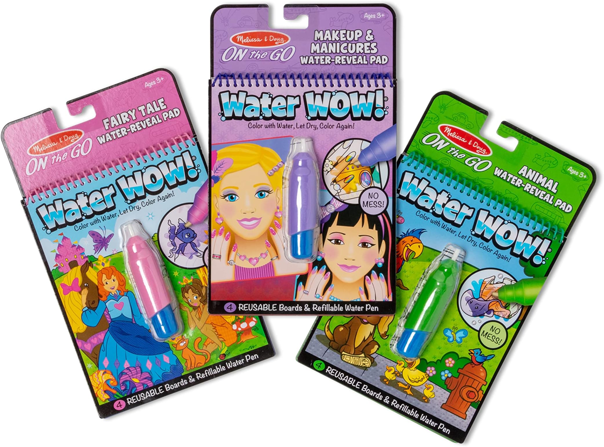 Melissa & Doug On The Go Water Wow! Reusable Water-Reveal Activity Pads, 3-pk, Makeup, Fairy Tales, Animals