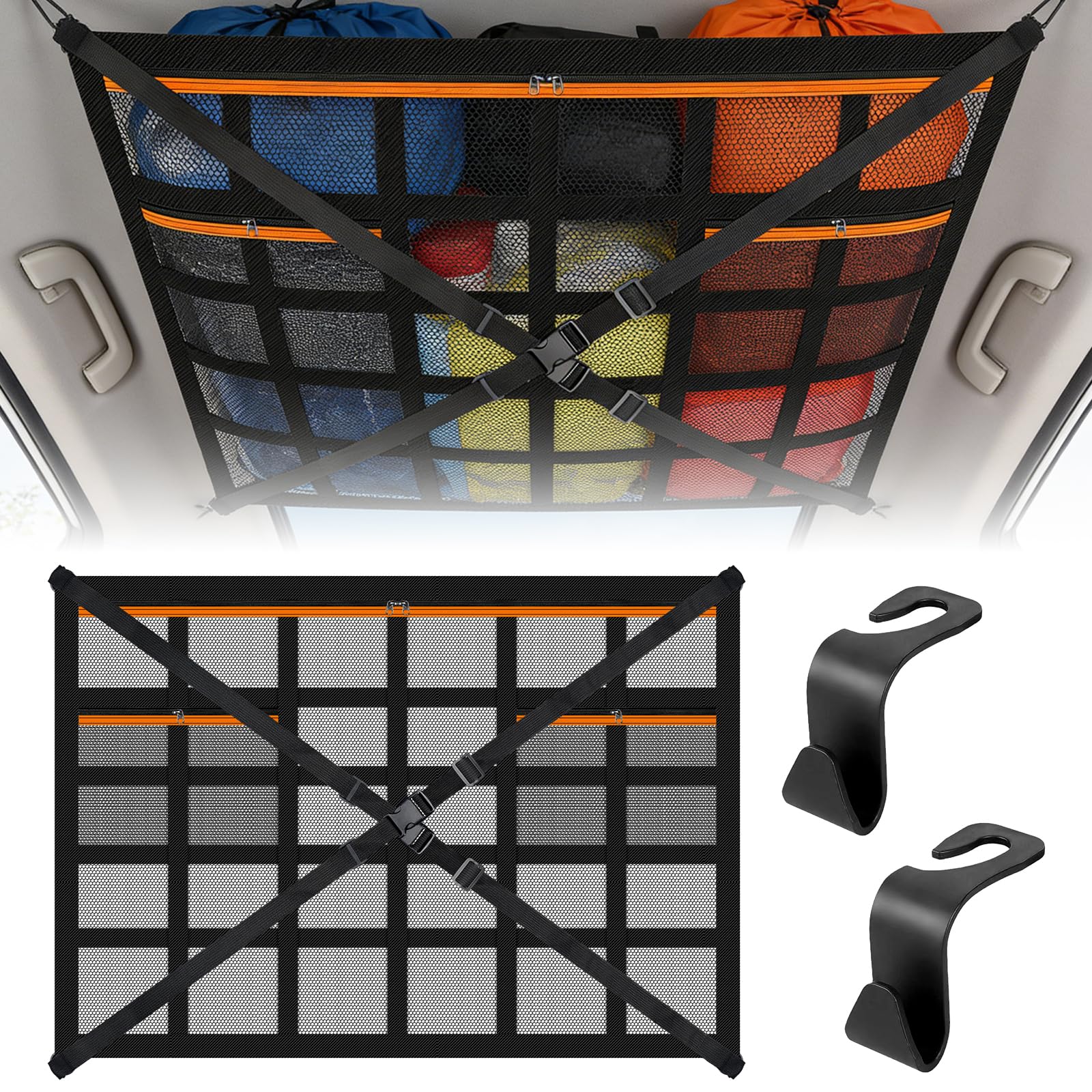 Filet de Rangement pour Toit de Voiture, Filet Plafond 90x65 cm | Organiseur Élastique en Maille avec Sangles Réglables et Poches Zippées, Grand Sac Universel pour Voiture, SUV, Van