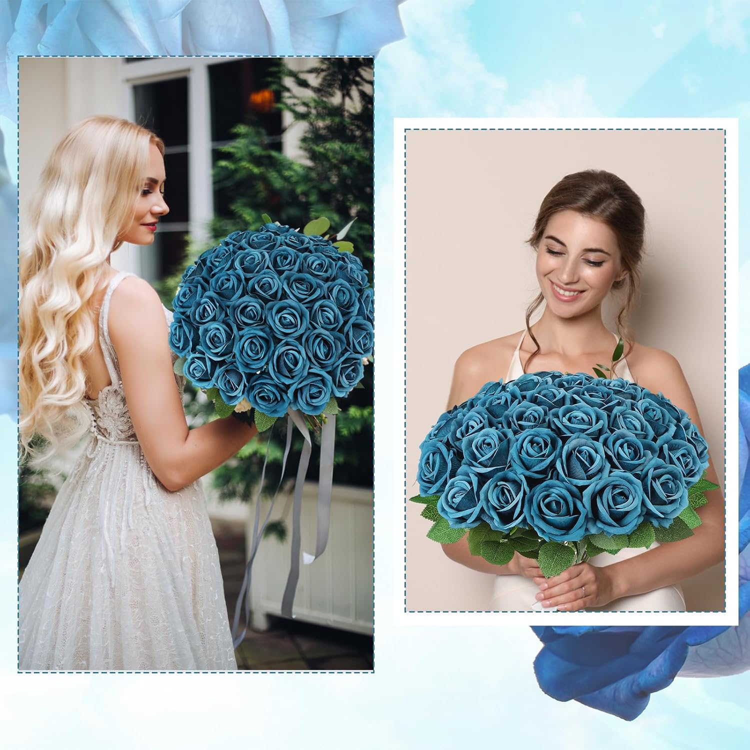 36 Pcs Velvet Texture Teal Artificial Flowers Bridal Bouquet, Fake Rose Long Stem Realistic Flowers Bulk for Valentine's Day Wedding Bouquet Ball Arrangement Centerpiece Party Home Decor