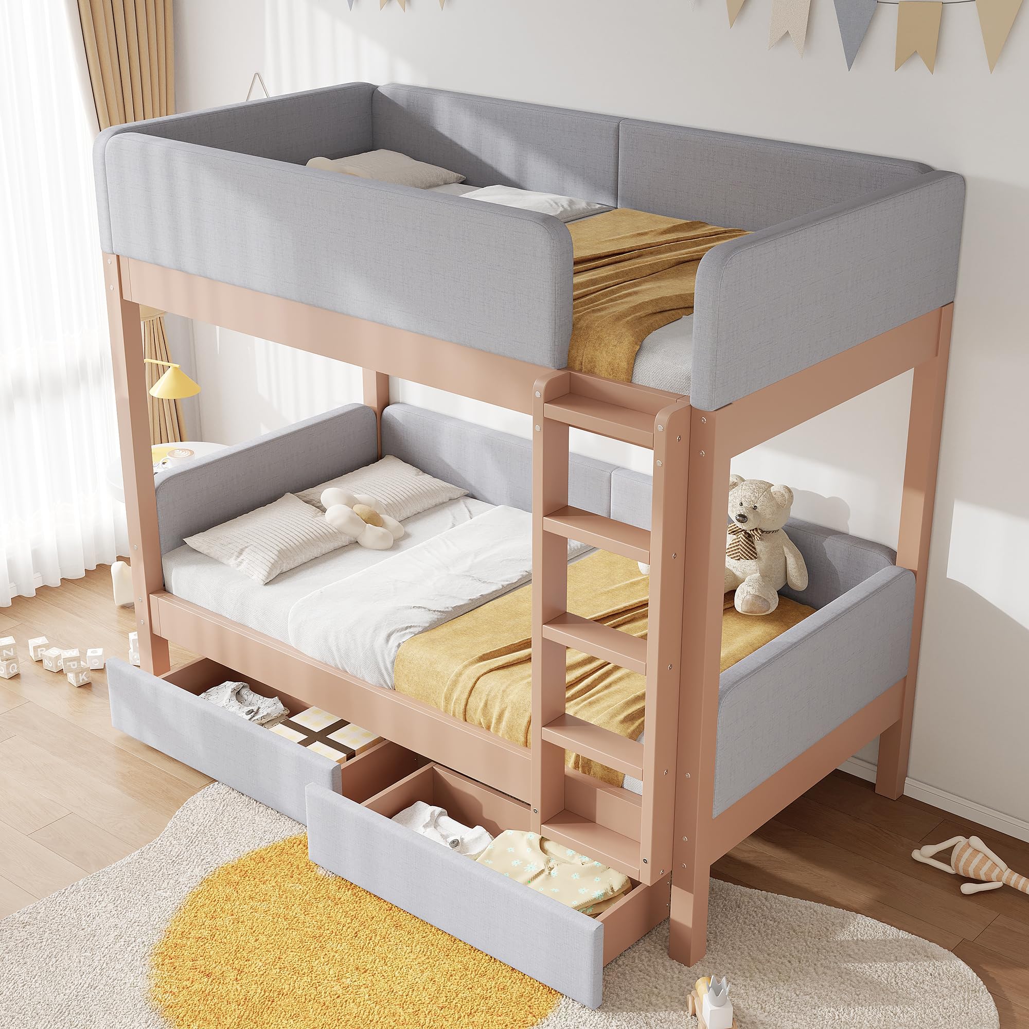 Generisch Letto a castello per bambini, 90 x 200 cm, grigio naturale, in legno di gomma e MDF, con bordo in spugna anti-collisione, scala a 4 gradini, 2 cassetti, rete a doghe stabili per la cameretta