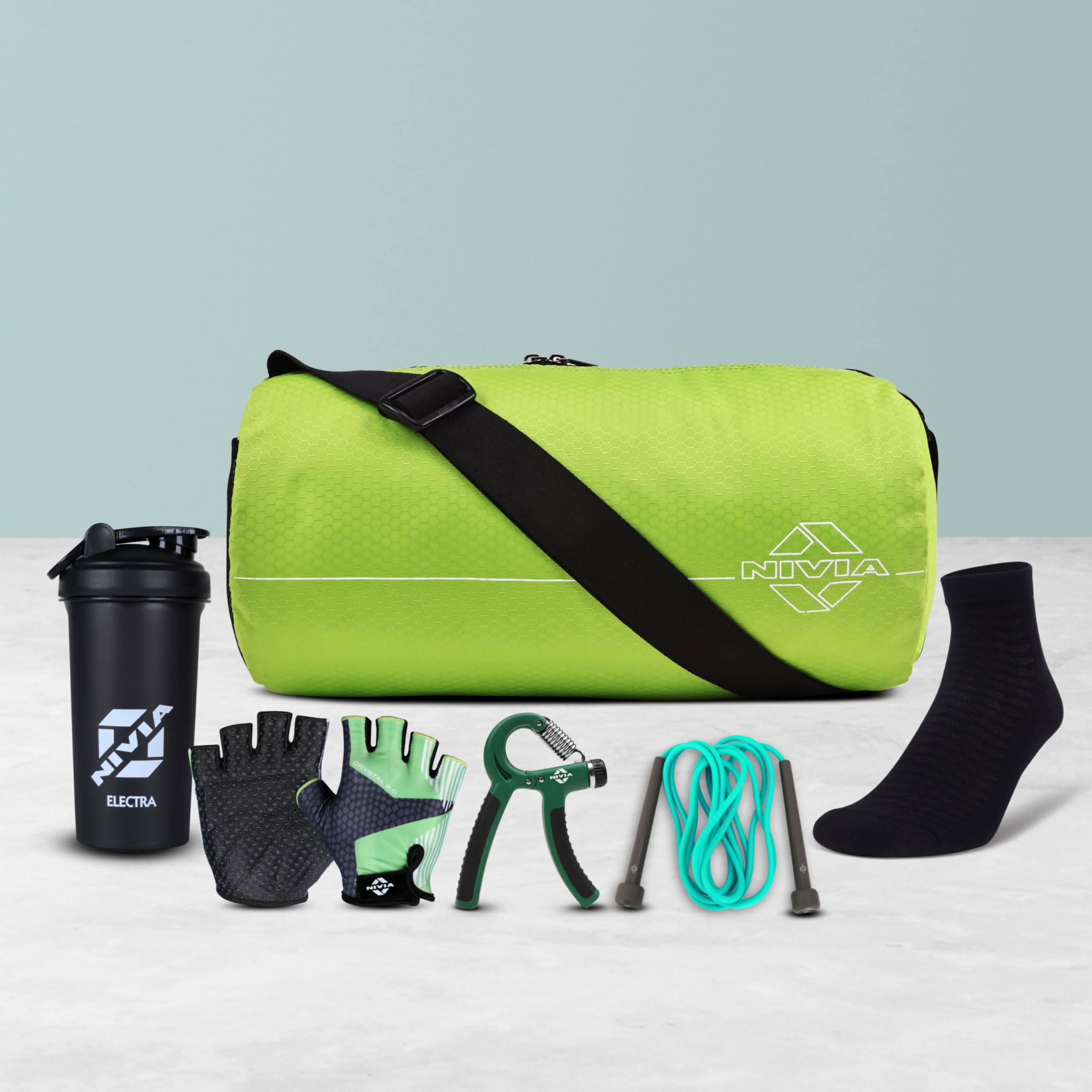 Nivia Basic Gym Combo, for Men & Women, 1 Basic Gym Bag, 1 Shaker, 1 Pair Gym Glove (Size - Large), 1 Jump Rope, 1 Hand Grip & 1 Pair Socks (Pack of 6, Green)-image-44