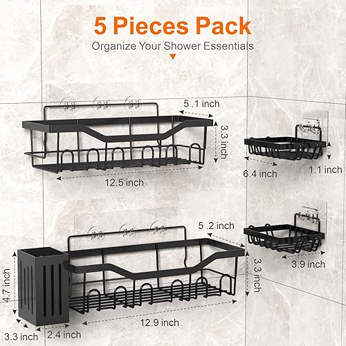 Miniatura 6 de LEPHYON Paquete de 5 unidades  Organizador de ducha sin perforaciones para baño con cesta negra  Estante de ducha inoxidable  Estante de ducha de