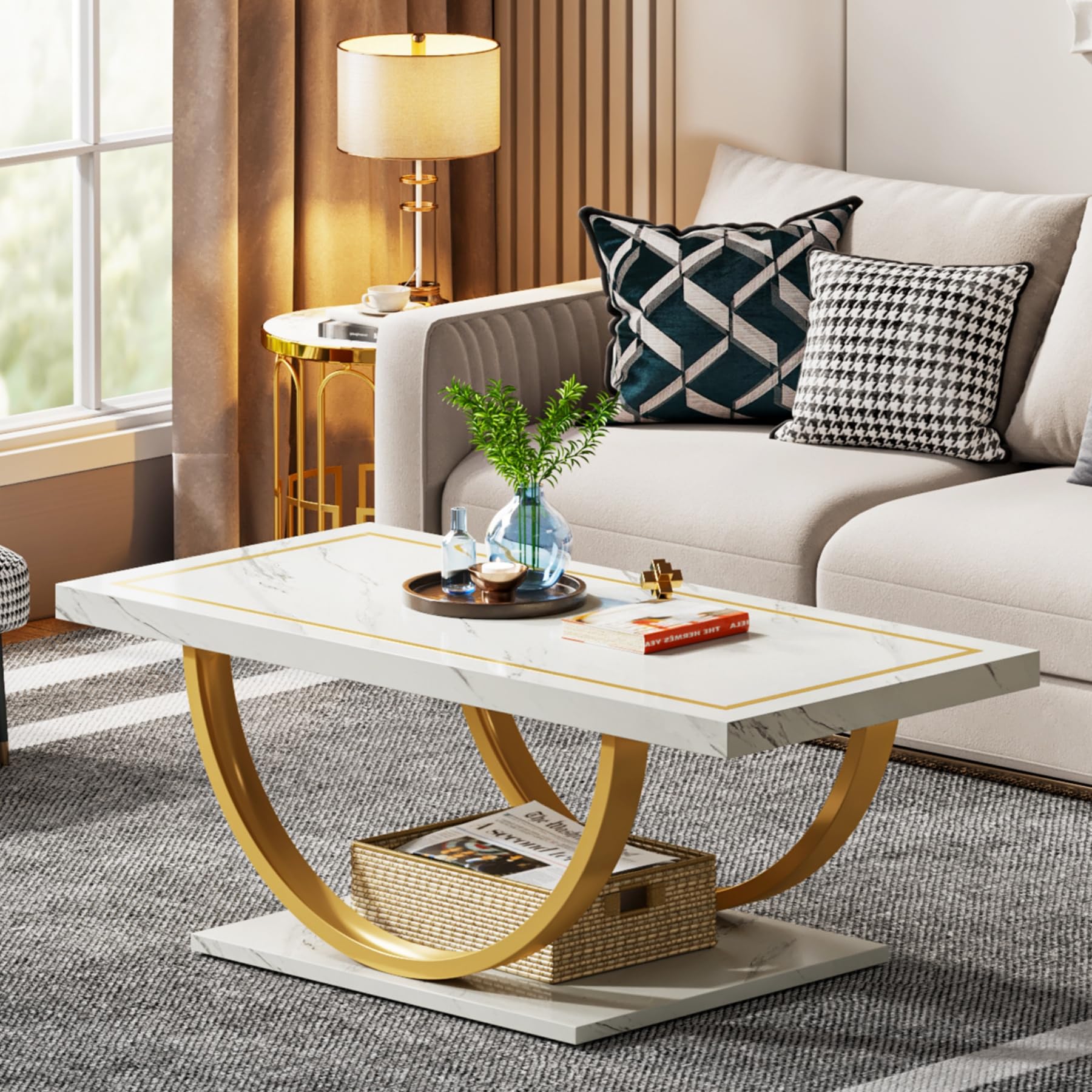 Tribesigns Modern Coffee Table White Gold Coffee Table