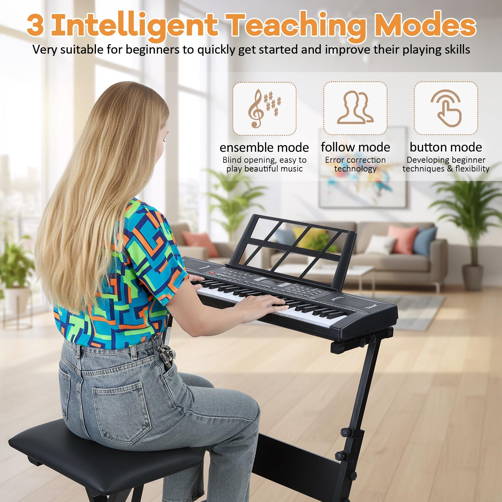 Elektrisches Keyboard 61 Tasten, Keyboard Piano mit Mikrofon Lautsprecher und Notenständer, Anfänger Digitalpiano mit Leuchttasten, 300 Klangfarben und Rhythmen Schwarz EU