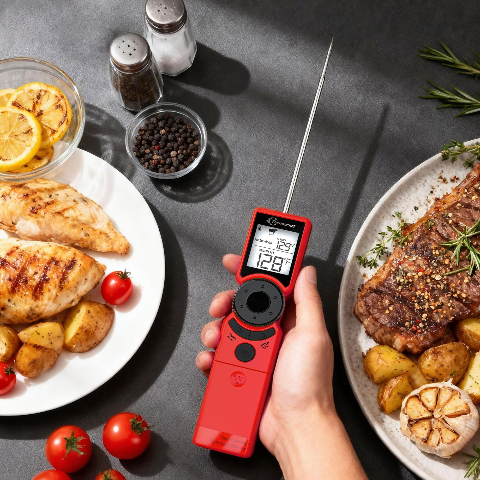 Termómetro digital para carne de lectura instantánea para asar, alta precisión ± 1% ℉, pantalla retroiluminada con encendido y apagado automático, termómetro de alimentos de modo