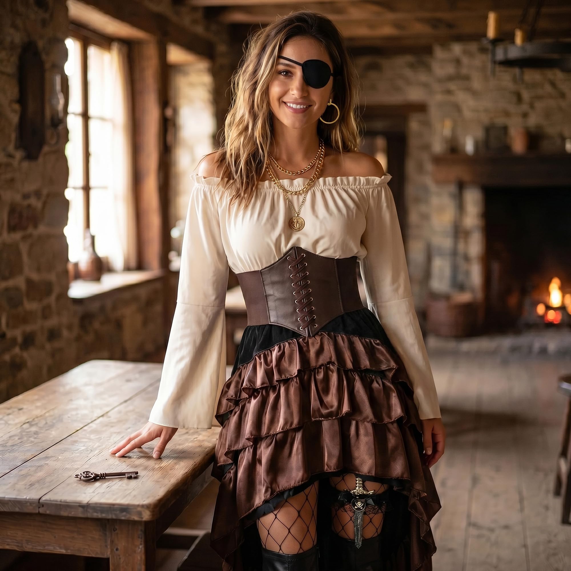 CICOCI Disfraz de pirata para mujer, corsé renacentista, falda steampunk, accesorios de pirata, disfraz completo de Halloween