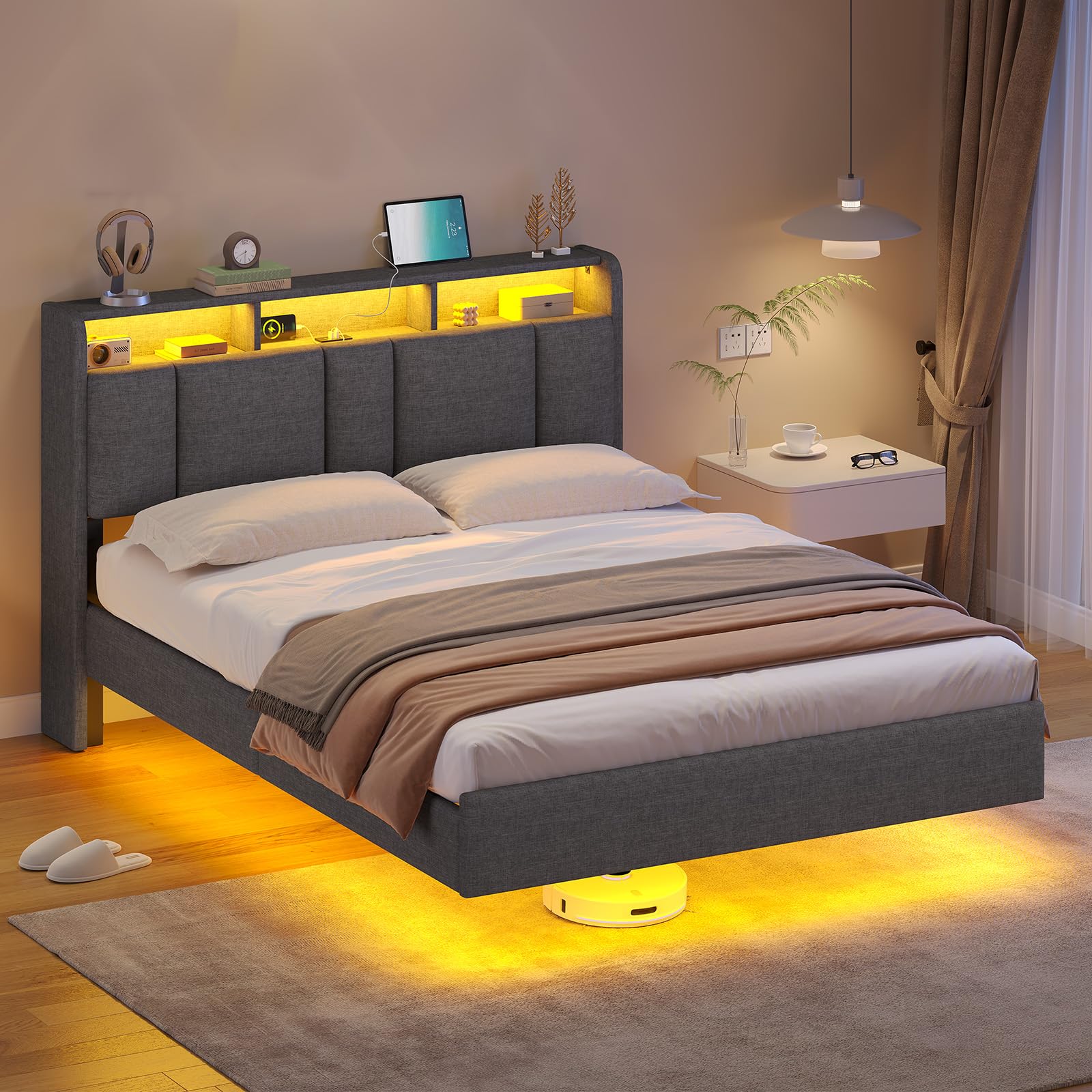 AOGLLATI Cama Matrimonio 140 x 200 cm con LED y Estación de Carga, Estructura Cama con Efecto Visual Levitante, Cama Tapizada con Cabecero y Espacio de Almacenamiento, Metal y Madera, Gris Oscuro