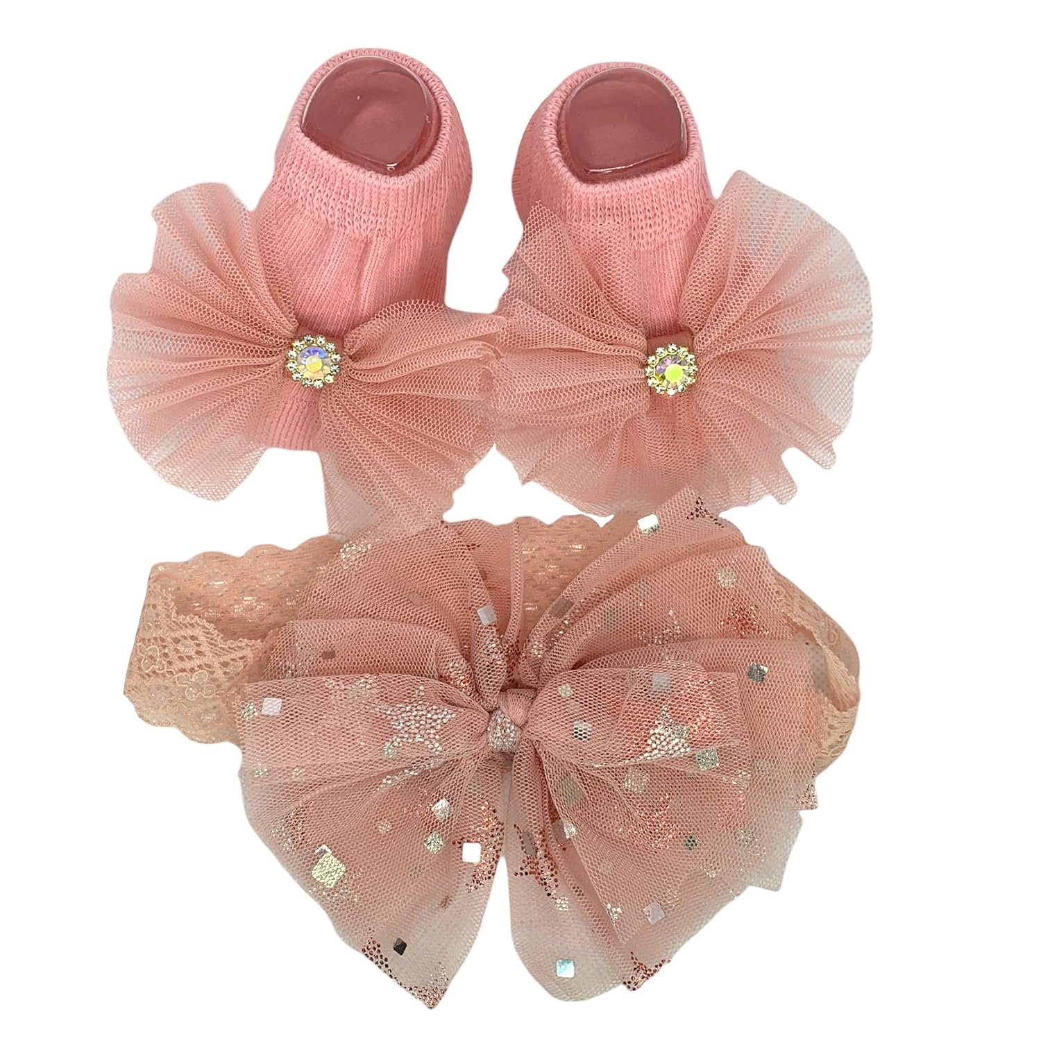 Baby Girl Headbands And Socks Set, Baby Girl Accessories For Newborn Decorated With Baby Bows 0-6 Months, Baby Girl Newborn Essentials Must Haves Floral Headband For Baby Girl (Lemonade Pink) image 3