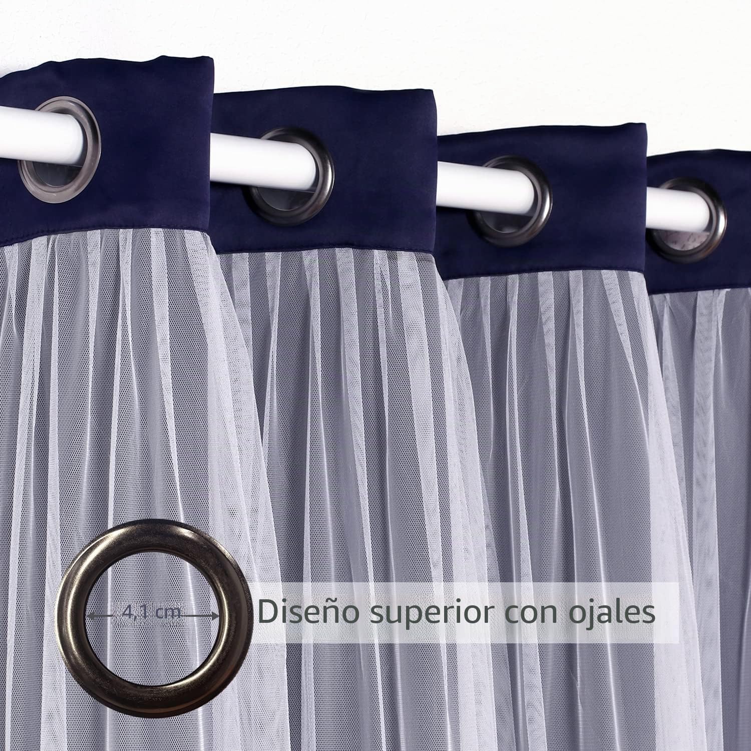 Bonzer Cortinas Opacas Grises con Visillo Blanco de Doble Capa, combinables con Ojales para salón, Azul Marino, 132 x 213 cm, Set de 2 Paneles
