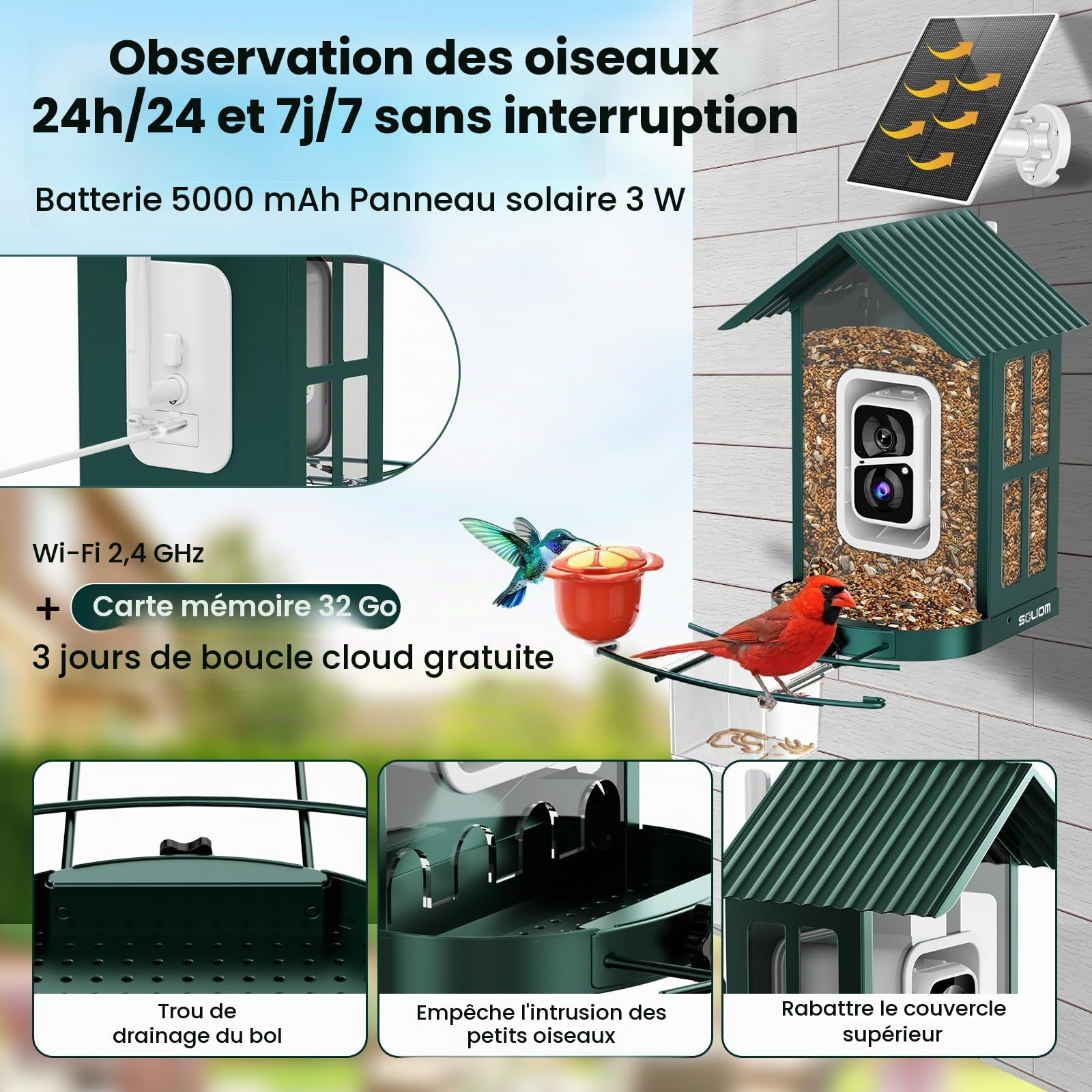 SOLIOM BF08 Mangeoire à Oiseaux Avec Appareil Photo et Enregistrement Vidéo - Caméra WiFi et Distributeur Automatique de Nourriture Pour l'Arrière-Cour