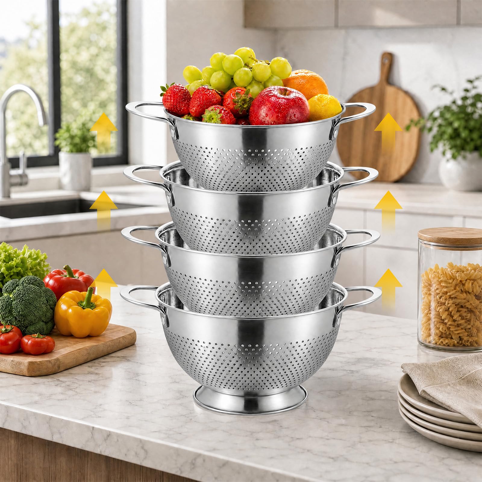 Colador, colador, colador, juego de 3 unidades con mango y base redonda, apilable, apto para lavavajillas, práctico colador de alimentos para pasta, frutas, arroz y verduras frescas (18+20+24+26)