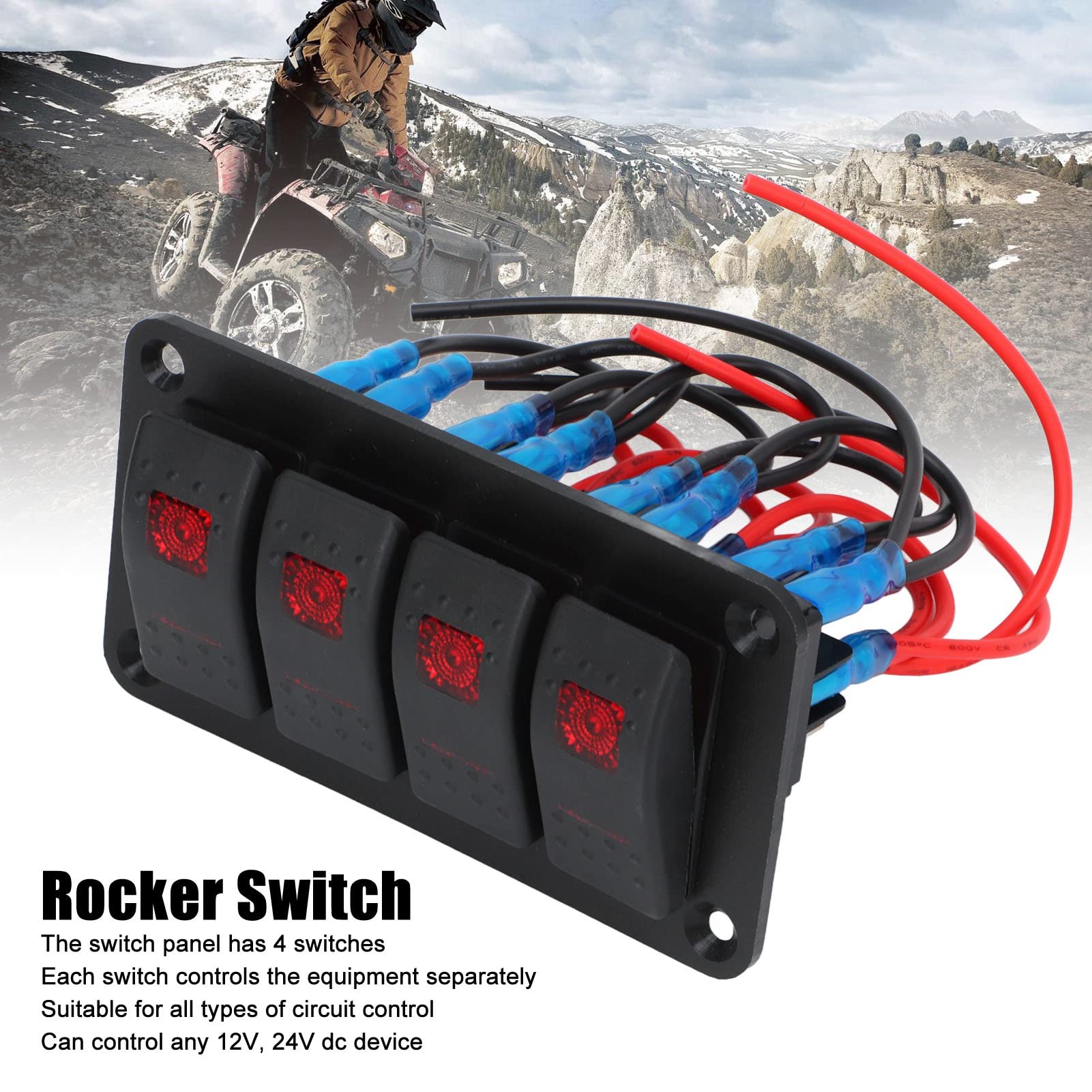 Aramox Panel de Interruptores Basculantes, Panel de Interruptores Basculantes Interruptor Basculante Precableado Rojo de 4 Entradas con 2 uds. Adhesivo para Envío de Automóviles