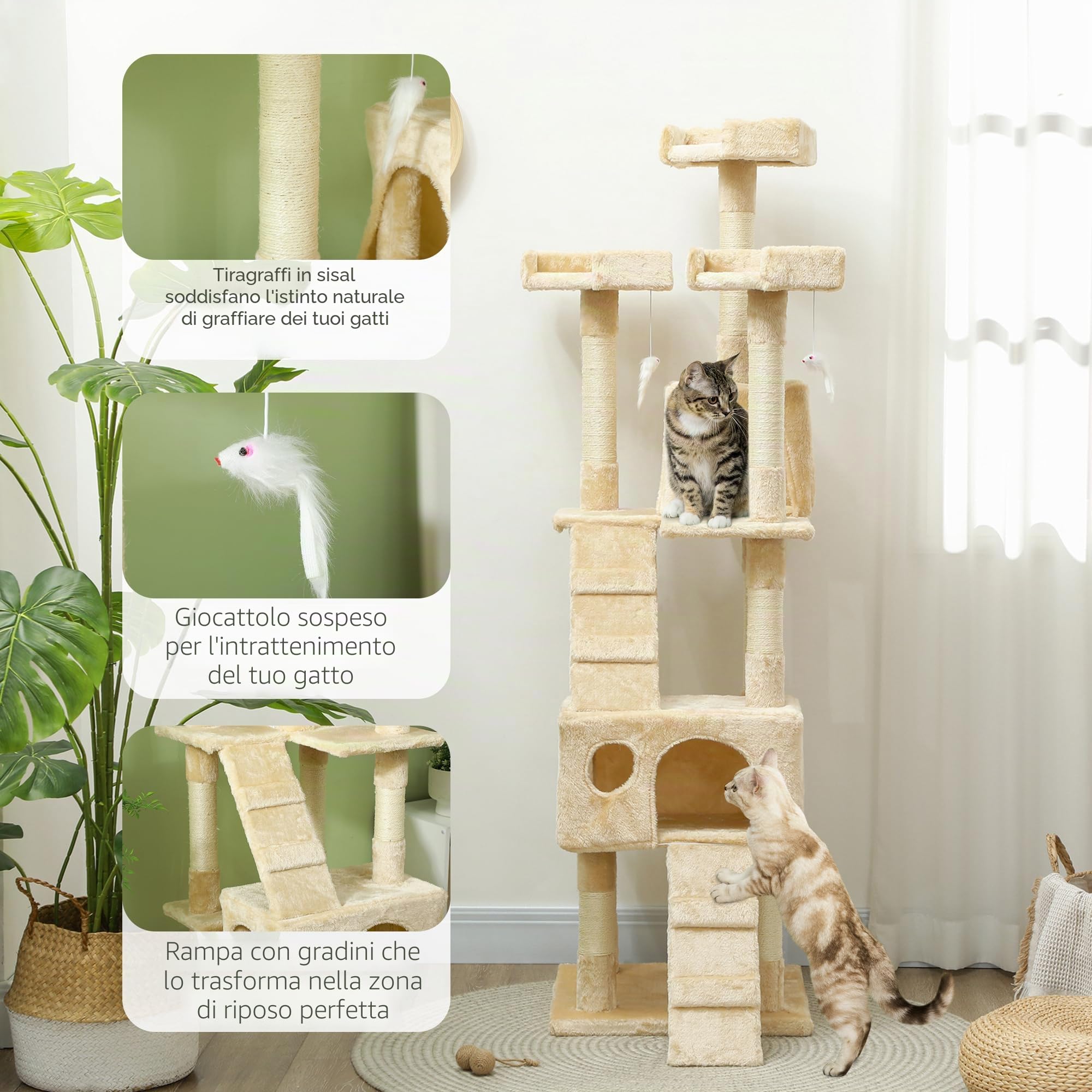 Albero tiragraffi per Gatti, 50 x 50 x 170 cm, per Dormire, Giocare, Centro attività, graffiare, Colore: Grigio Neutro (Beige)