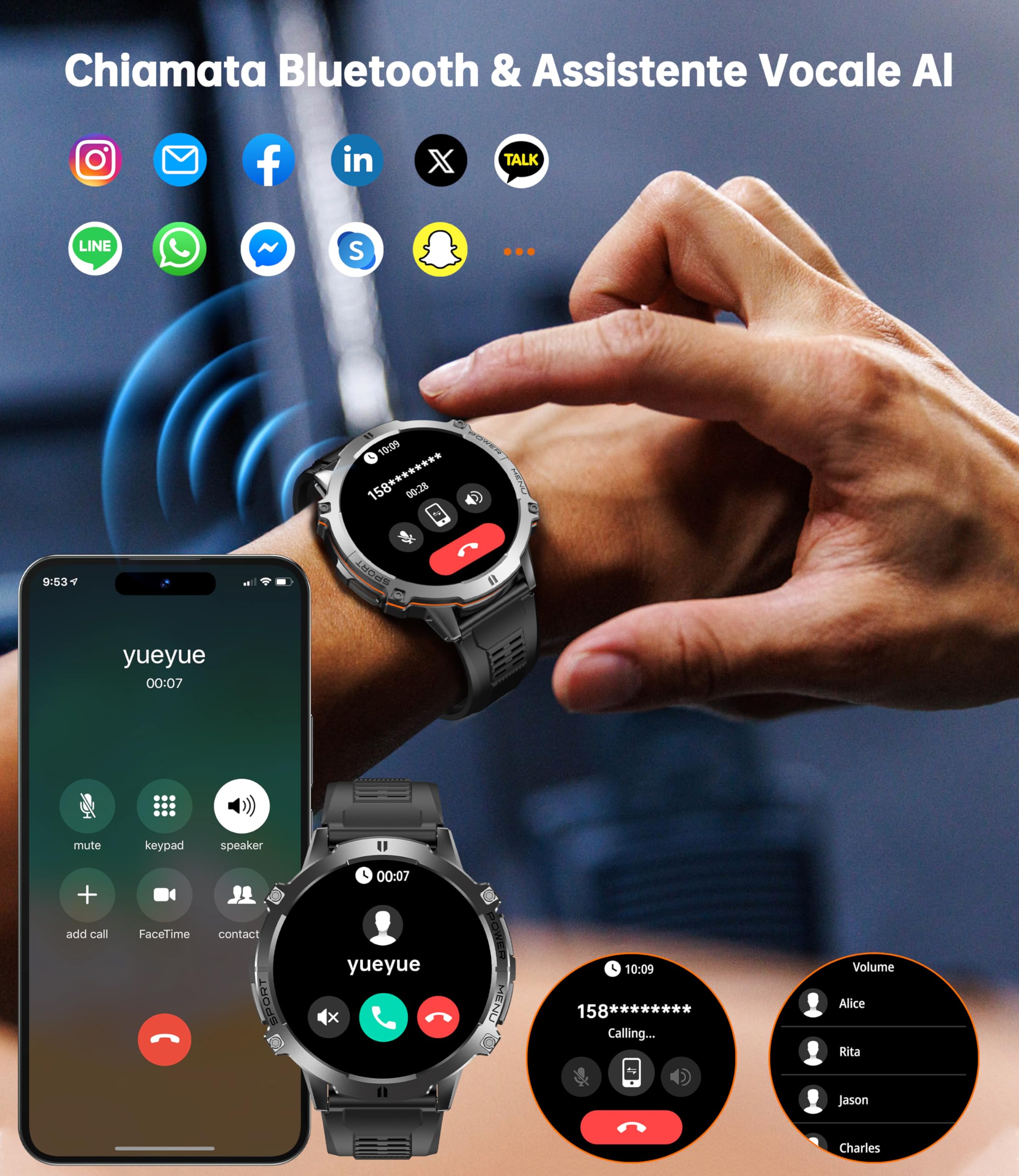 OUKITEL Orologio Smartwatch Uomo BT13 - Militare Smart Watch Tracker Attività con Chiamate Bluetooth 1000mAh 1.73" AMOLED 100+ Sportive IP68 Impermeabile Cardiofrequenzimetro/SpO2 per Android iOS