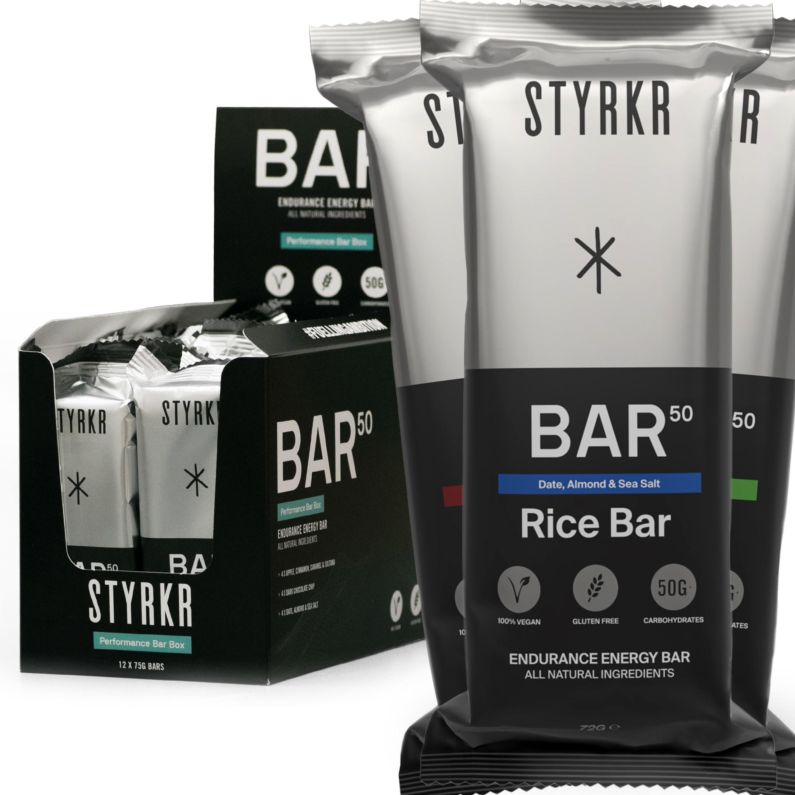 Energy Bars by Styrkr - Pack of 12 Rice Bars for Cycling & Running - Mixed Flavours Pack - Approved by Endurance Athletes - 50g of Carbs via Advanced Dual-Carb Formulation - BAR50-12x Pack