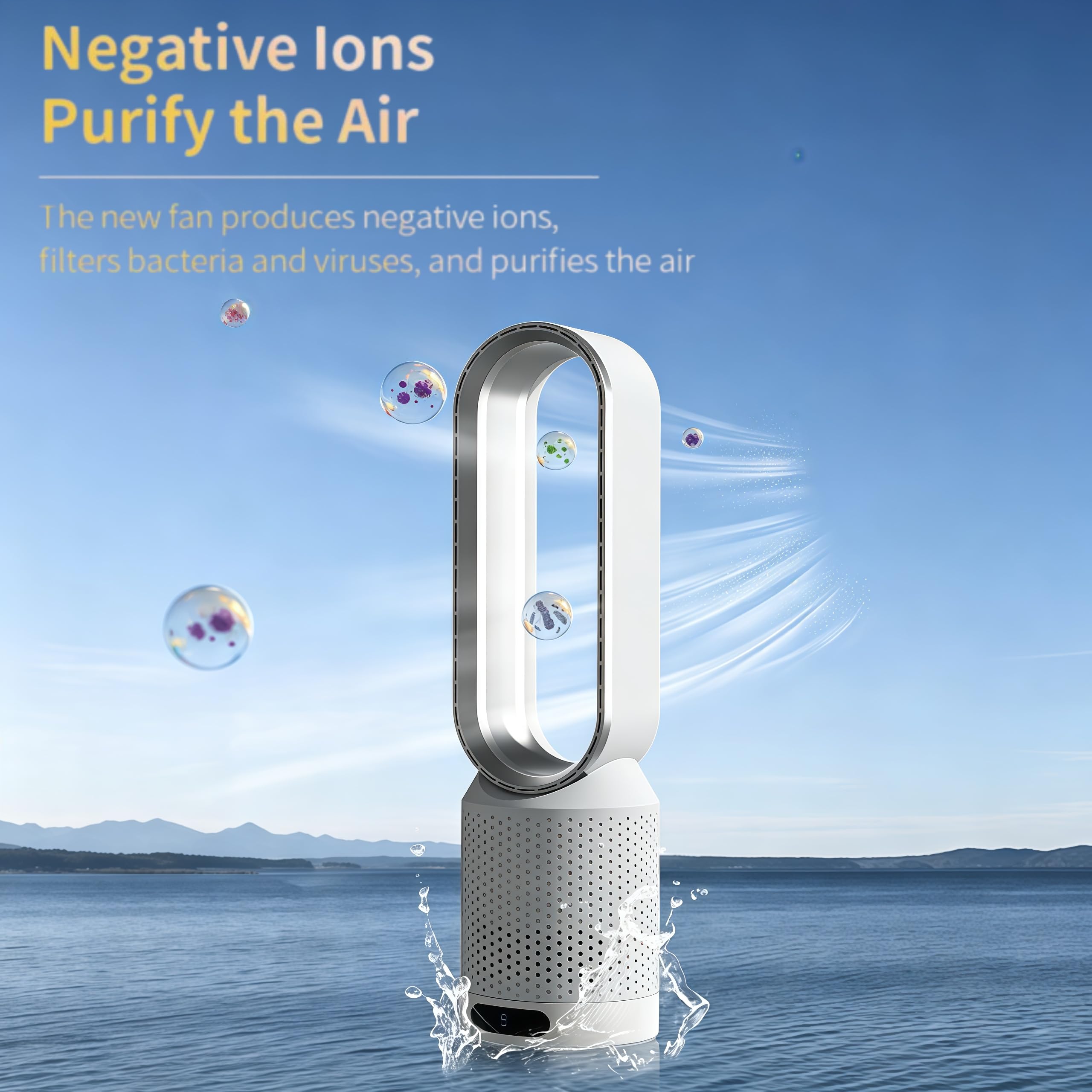 Ventilatore a torre silenzioso, ventilatore senza pale, funzione timer, 8 velocità e oscillazione di 90°, schermo touch LED e telecomando, ioni negativi purificanti, 14,5×58 cm (Bianco)