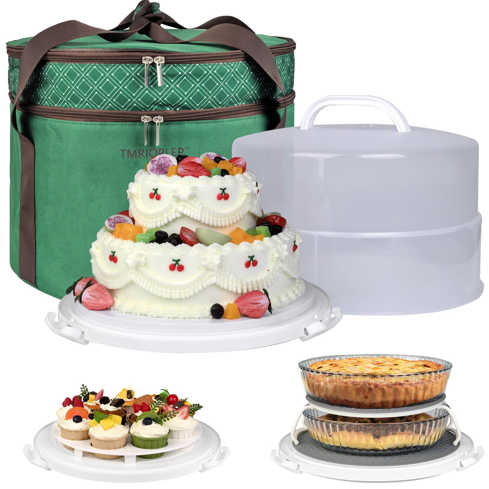 Tmrioplep 12 Inch Cake carrier Container with Lid and Handles Includes Insulated Bag for Safe Transportation of Buttercream Doesn't Melt Easy for Cakes, Pies and Cupcakes (Green)