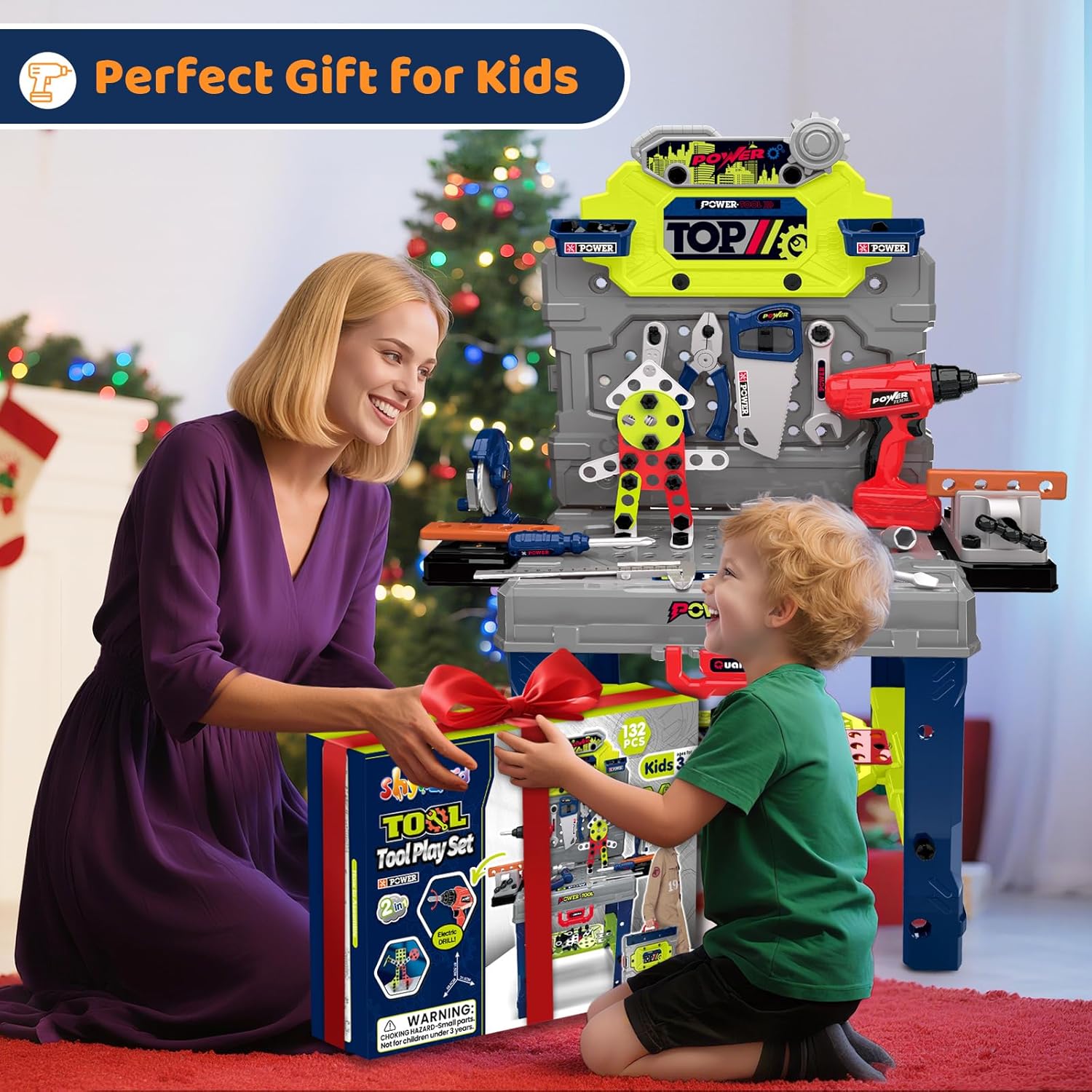 Kids Tool Bench with Realistic Electric Drill, 132 PCS Toddler Tool Set, Birthday Toys for Kids Ages 3 4 5 6 7 8, Toddlers Tool Box & Workbench, Kids Tool Set for Boys 3-5 6-8 (Green)