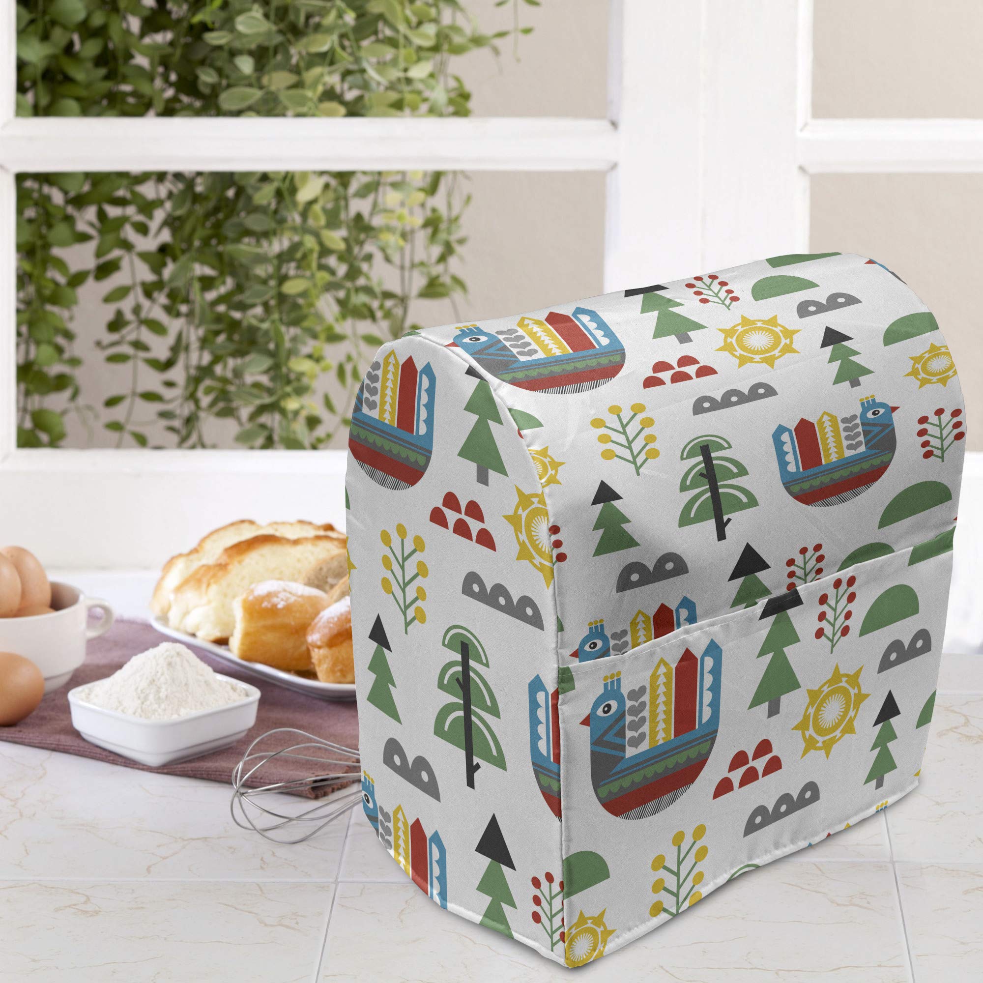 Ambesonne Cartoon Stand Mixer Cover, Pastel Chicken Apartments Sun Forest Trees Clouds Branches Cartoon, Kitchen Appliance Organizer Bag Cover with a Pocket, 6-8 Quarts, Off White and Multicolor