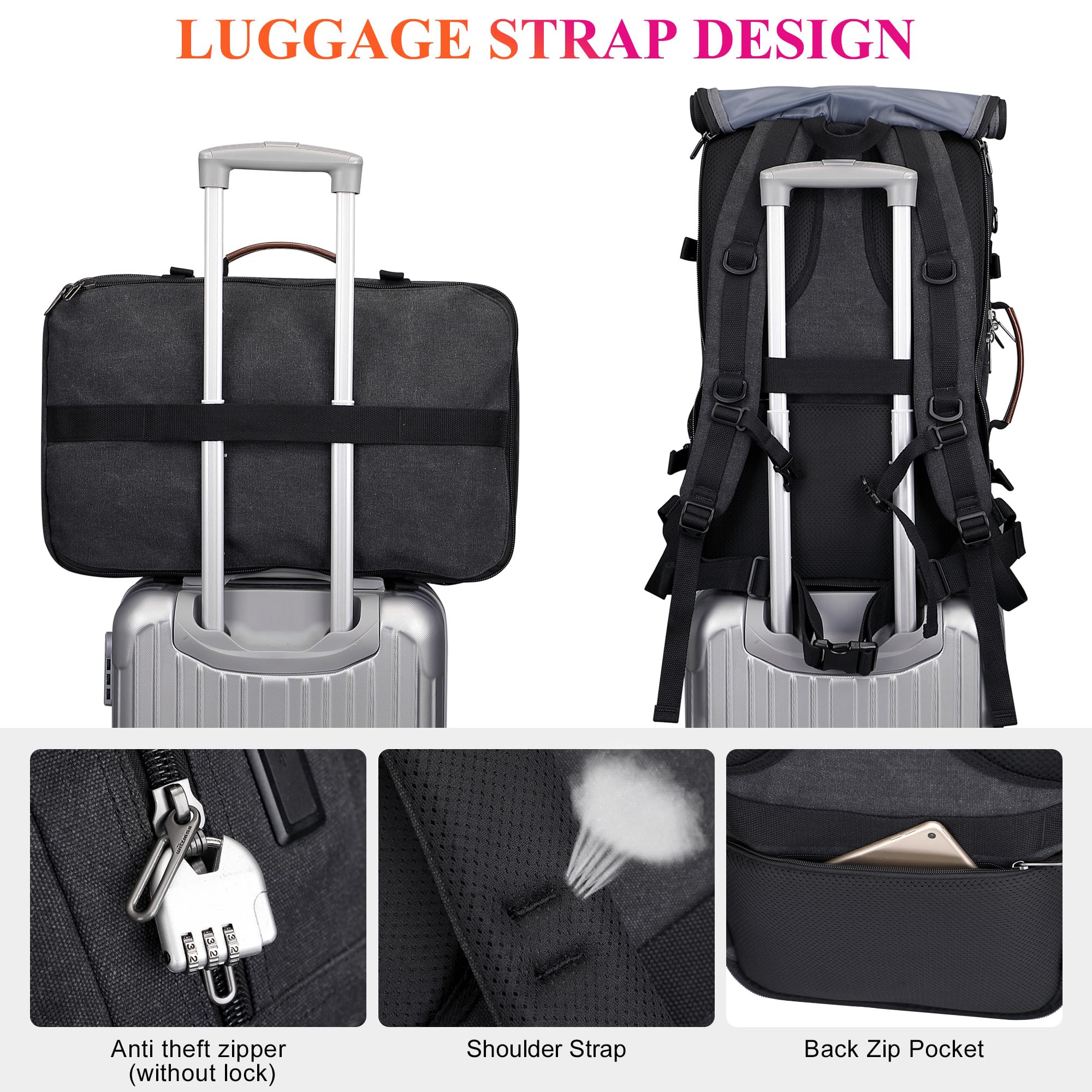 WITZMAN Canvas Reiserucksack Herren 40L Vintage 3-in-1 mit Laptopfach | USB-Anschluss, mehrere Fächer und flexible Tragemöglichkeiten, ideal für Reisen, Arbeit und Kurztrips, A8013 Schwarz