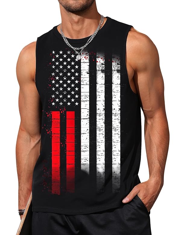 Gosuif Mens Tank Top 4th of July Tank Tops Patriotic USA Flag Tank top Men Sleevess Muscle Tank Tops Fourth of July Shirts Graphic Running Workout Gym Men's Tank Tops Black Large by Gosuif - Used condition - US$18.27