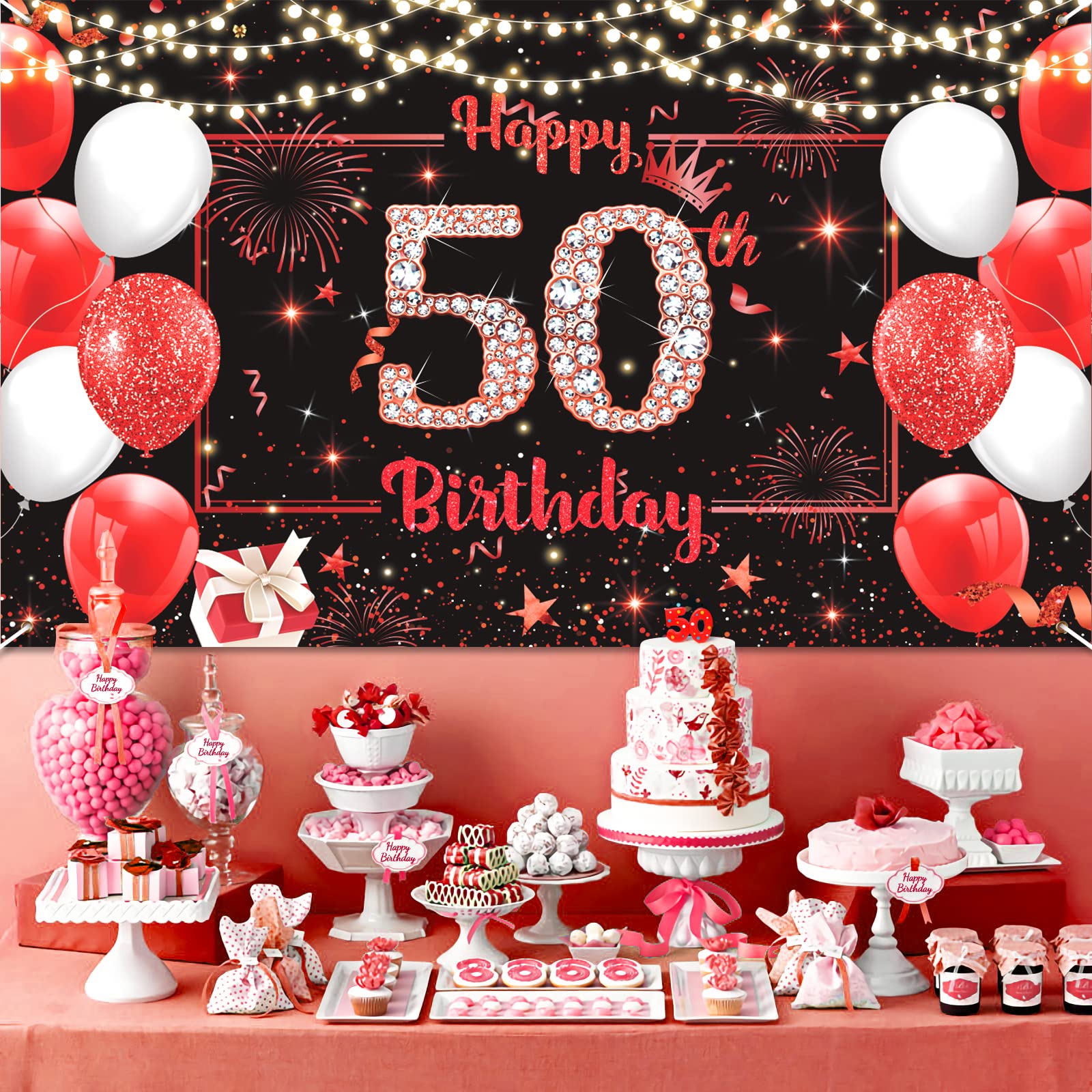 Happy 50th Birthday Banner - 71x47 Inch Red Black Backdrop Decorations