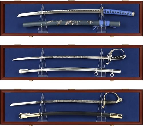 Miniatura 9 de Vitrina de espada, soporte de pared para gabinete con capacidad para sable militar o espada samurái con cerradura con protección UV, fieltro azul en