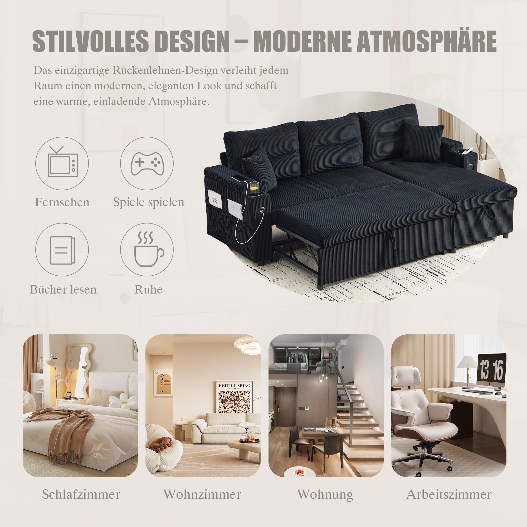 Sofá convertible con sofá cama modular en L con cama nido y chaise longue de almacenamiento, sofá esquinero convertible de 3 plazas con 2 portavasos y puertos USB para sala de estar, cine en