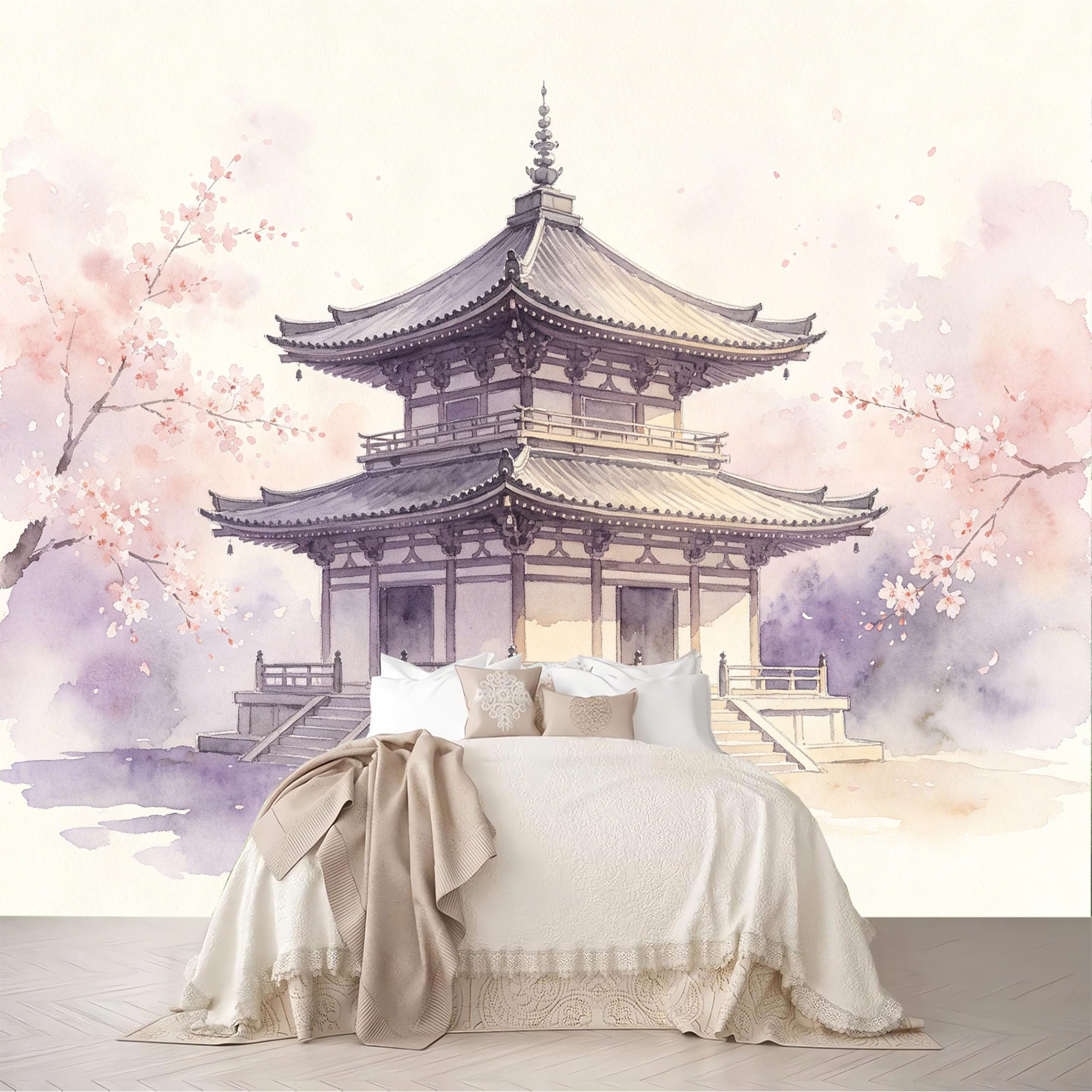 Custom Size Wall Murals Watercolor Two Tier Pagoda Cherry Blossom Misty Removable Self-Adhesive for Bedroom Living Room Dining Room
