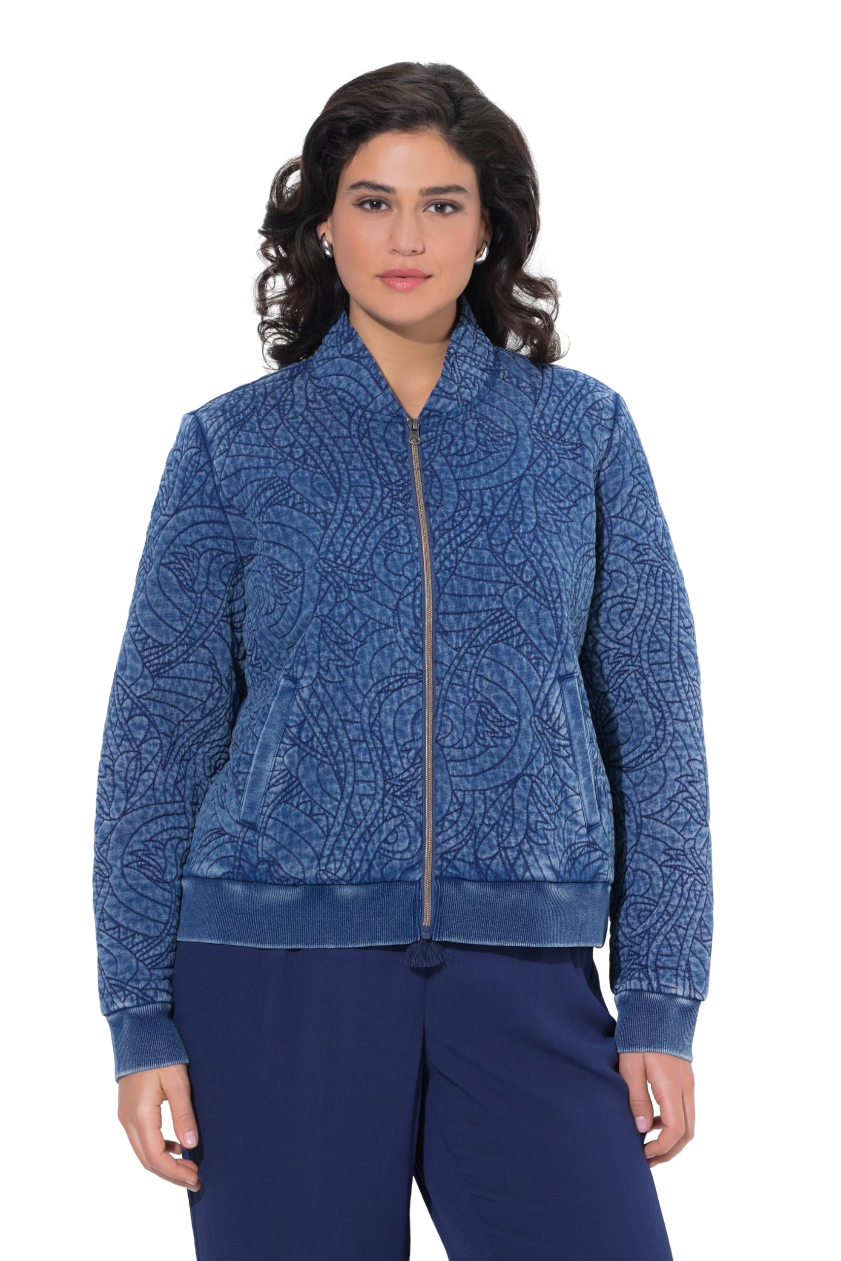 Ulla Popken Damen große Größen Übergrößen Plus Size Stepp-Blouson, Indigo-Färbung, Stehkragen, Langarm 847035
