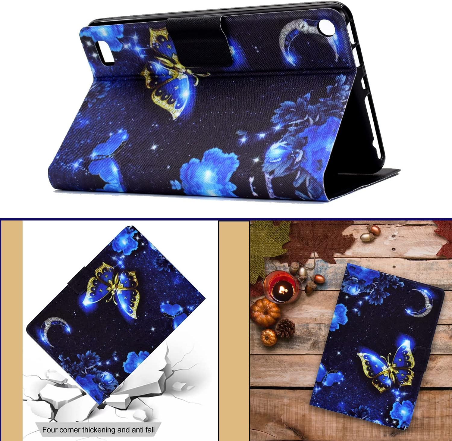 Case for Kindle Fire 7 Tablet Case (9th/7th/5th Generation, 2019/2017/2015 Release), PU Leather Slim Folding Stand Book Wallet Shockproof Cover with Pockets [Auto Wake/Sleep], Blue Butterfly