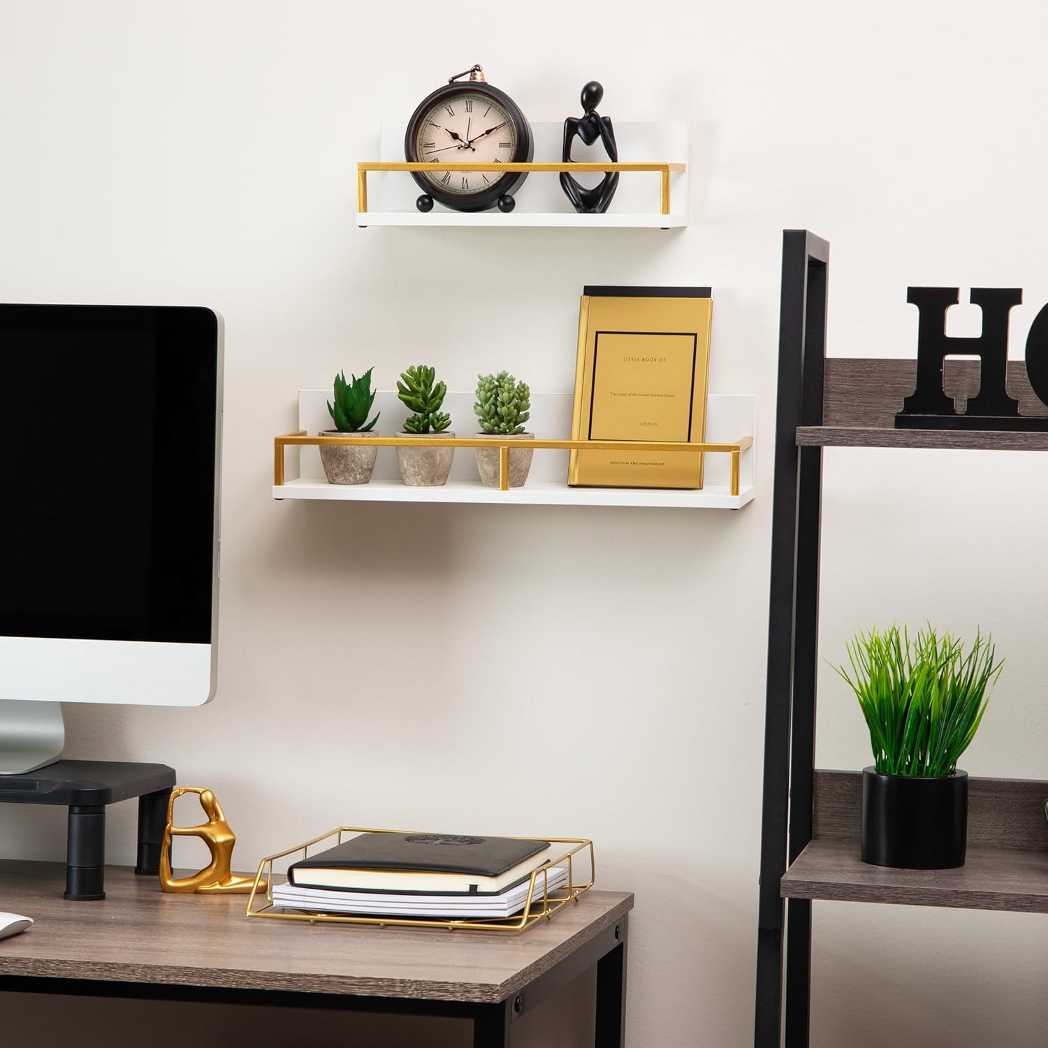Mind Reader Floating Shelves, Wall-Mounted Office Organizers, Modern MDF Display Storage with Metal Rail, Set of 2, White