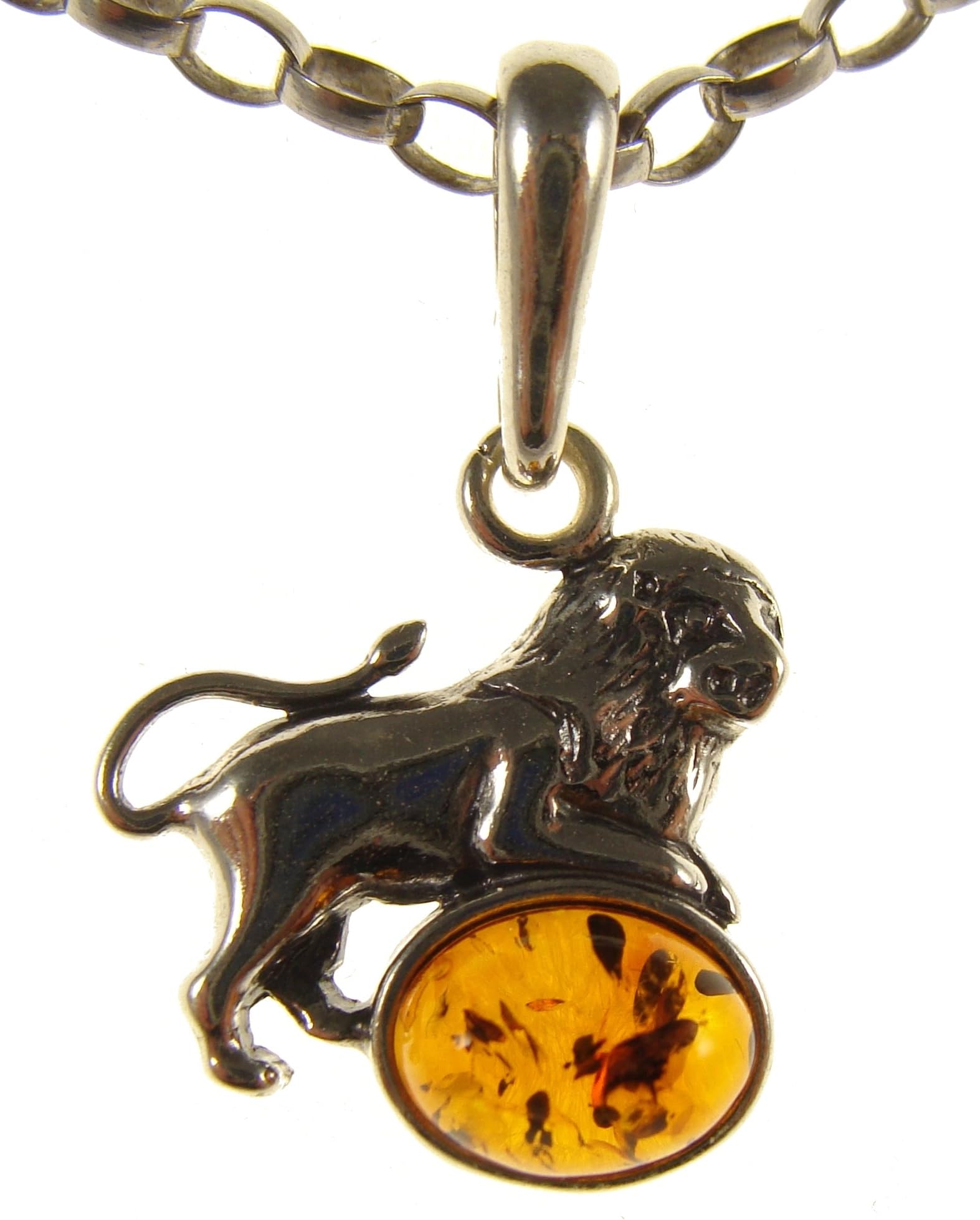 BALTIC AMBER AND STERLING SILVER 925 LION PENDANT NECKLACE - 14 16 18 20 22 24 26 28 30 32 34" 1mm ITALIAN SNAKE CHAIN