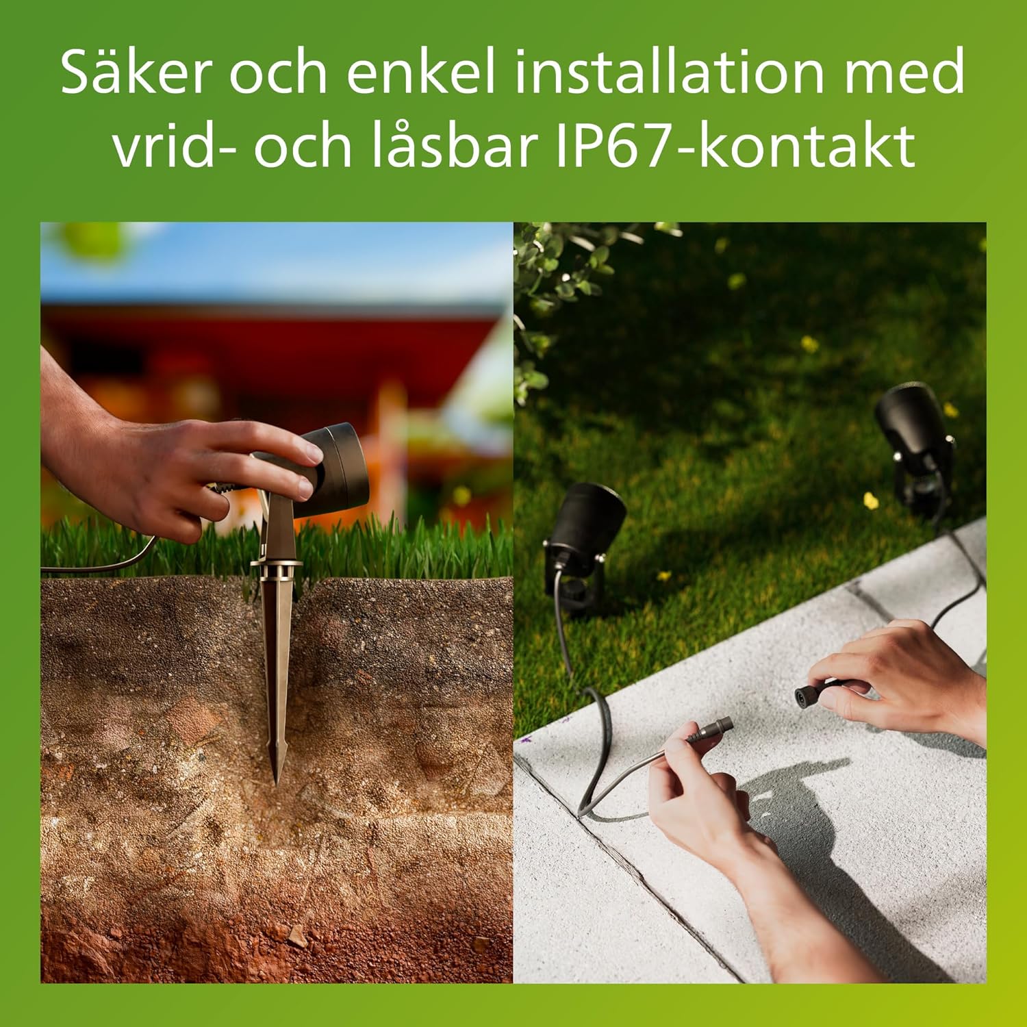 Hand pushing a Philips Reuel spotlight with ground stake into the soil, and a close-up of the twist-and-lock connector