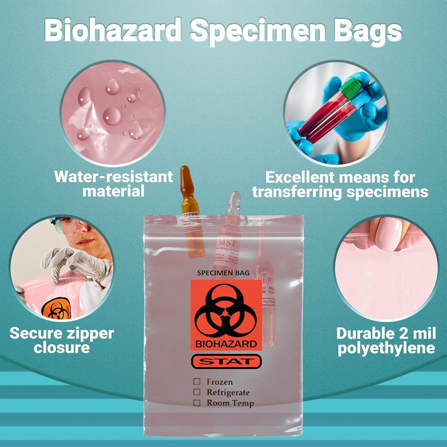 APQ Pack of 1000 Specimen Transfer Bags, Pink Tint 12 x 15 Zipper. Printed Biohazard. 2 mil Thick Polyethylene Bags 12x15. Plastic Bags for Health Needs. Ideal for Infirmaries.