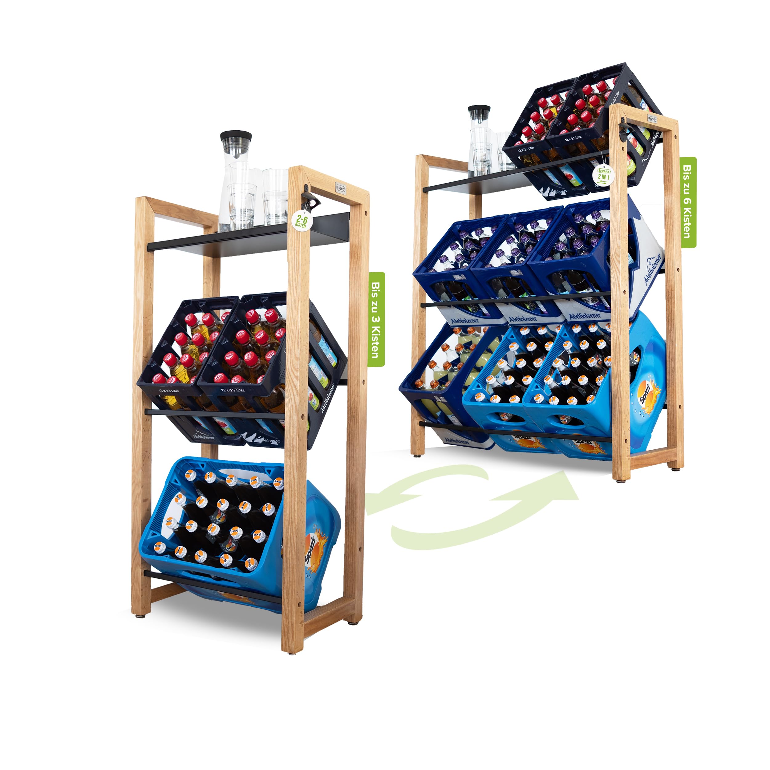 bevo - Getränkekistenregal für 2-6 Kisten aus Eiche Holz inkl. Metall-Ablage - Getränkeregal & Kistenregal mit 2 Stangenlängen (individuell verstellbar) - Getränkekisten Regal für Getränke & Kästen