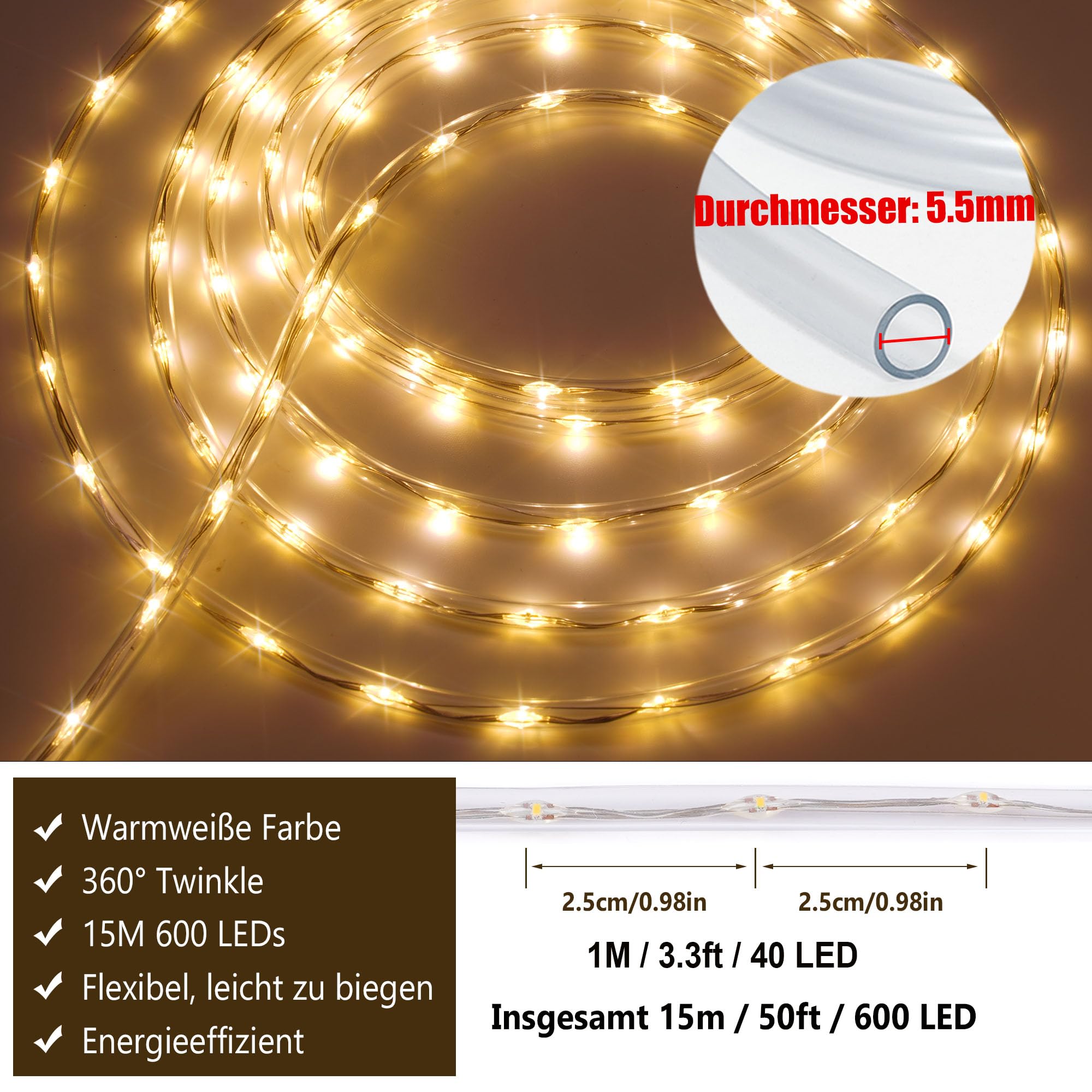 StarryEver 15 m 600 LED manguera cadena de luz exterior conectable, luz blanca cálida LED manguera de luz con mando a distancia temporizador, 8 modos, IP68, para exteriores, funciona con electricidad