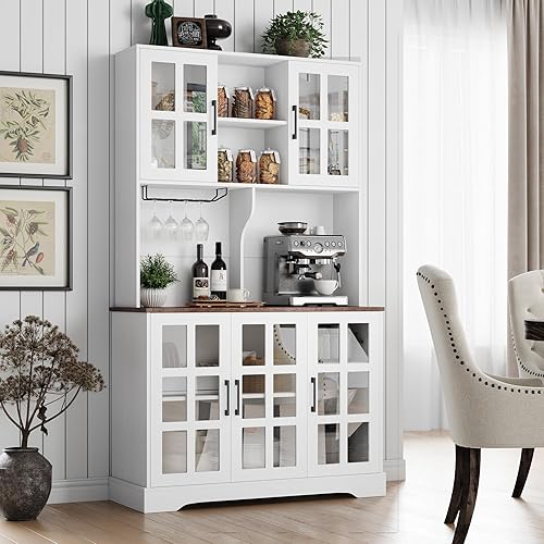 Keyluv Kitchen Pantry Storage Cabinet 71" Tall Freestanding Pantry Cabinet, Farmhouse Glass Door Buffet with Oven Countertop, Large Wood Hutch for Kitchen, Living Room and Dining Room, White
