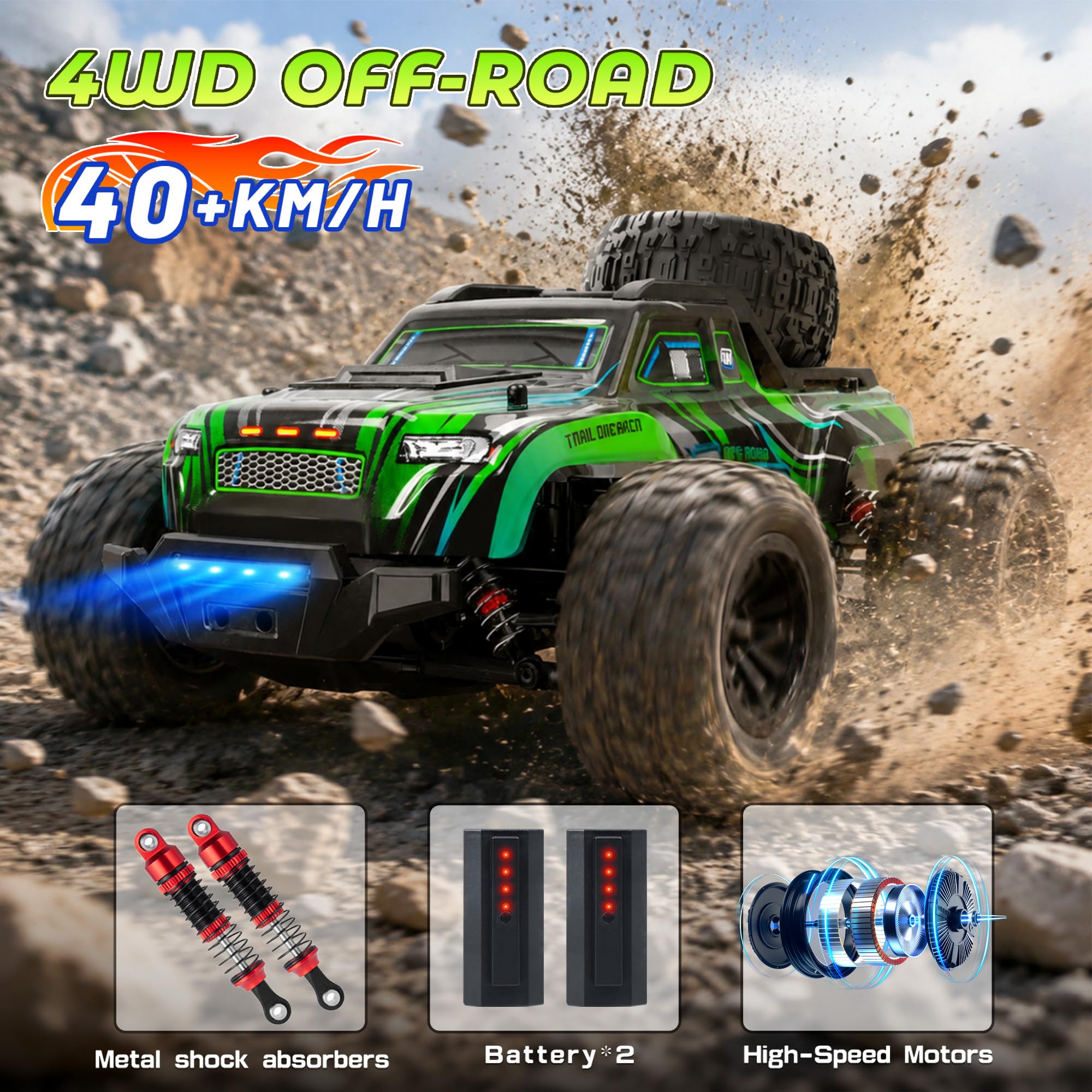 Ferngesteuertes Auto 1:16 4WD RC Auto 40 km/h Offroad Mit LED | Offroad-RC-Truck 2 Batterien 2.4GHz All-Terrain-Spielzeug Wiederaufladbar Fast Cars Für Kinder und Erwachsene - Schwarz