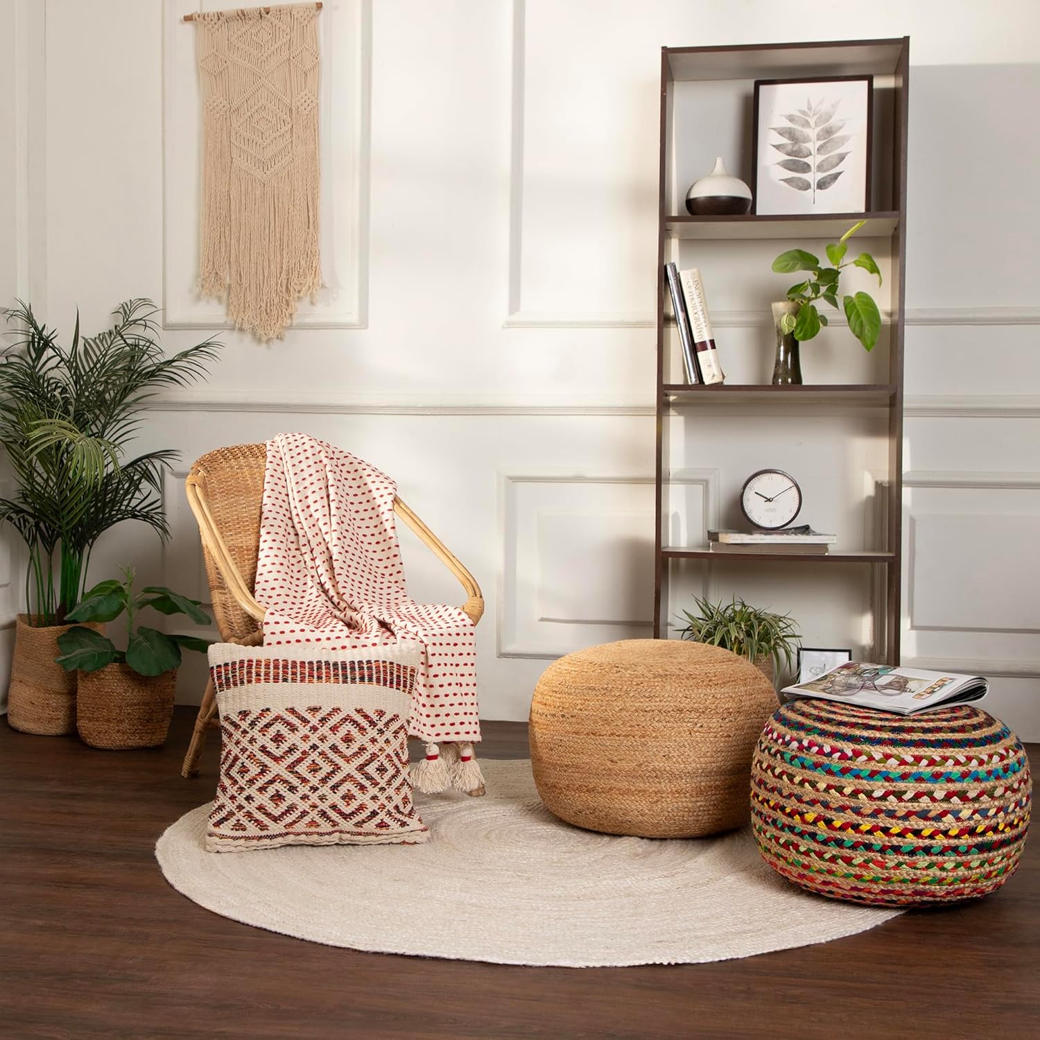 REDEARTH · Round Pouf Ottoman - Braided Boho Poof Home Décor Pouffe Accent Sitting Circular Foot Rest for Living Room, Bedroom, Nursery, Lounge; Jute and Cotton Set of 2 (19.5"X19.5"X14"; Multi)