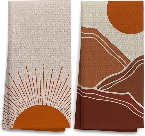 Juego de 2 paños de cocina absorbentes estilo bohemio con diseño de sol amanecer y sol, montañas y montañas, toallas de mano para decoración de