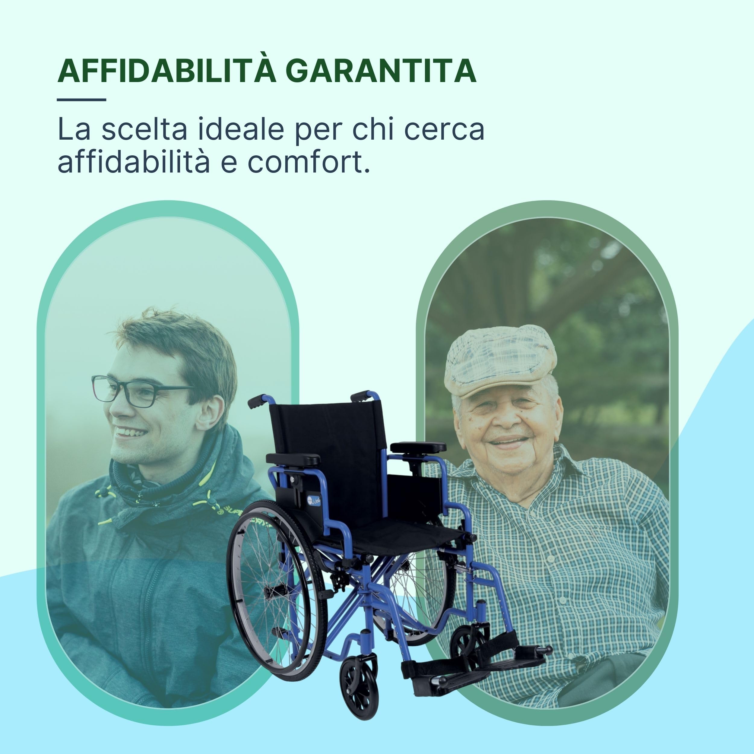 Sedia a Rotelle Pieghevole Leggera ad Autospinta, 46 cm, Blu | Carrozzina per Disabili Trasformabile in Transito, Crociera Doppia, Ruote a Sgancio Rapido, Braccioli Regolabili in Altezza