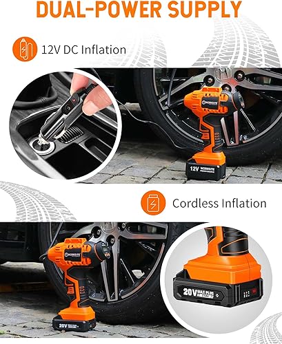 Miniatura 3 de WORKSITE Compresor de aire inalámbrico para inflador de neumáticos, bomba de aire portátil de mano, bomba de neumáticos de automóvil a batería