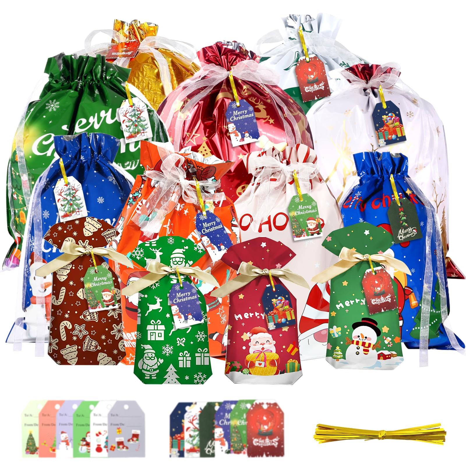 Audasi 36Pcs Christmas Drawstring Gift Bags, Christmas String Bags with 36Pcs Tags Xmas Wrapping Bag 13 Designs Ribbon Xmas Gift Bag Variety of Sizes for Presents Birthday Holiday Party