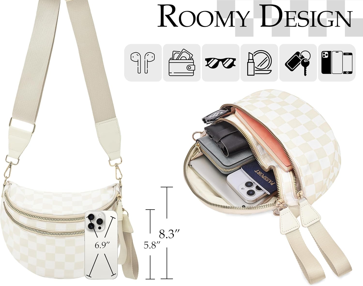 Checkered Crossbody Bum Bags for Women, Spacious Water-Resistant Nylon Shoulder Belt Bag Checkered Purse