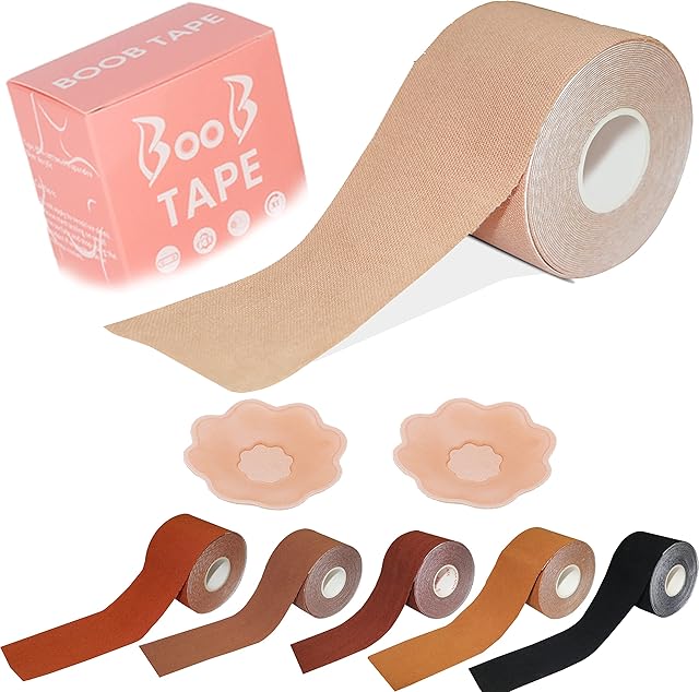 LETRATE Skin Boob Tape, Bob Tape for Large Breasts, Self-Adhesive Strapless Boobtapes with 2 Pcs Nipple Covers, 5M Stretchable Longer Than Regular Roll, Perfect to Stick on Bra