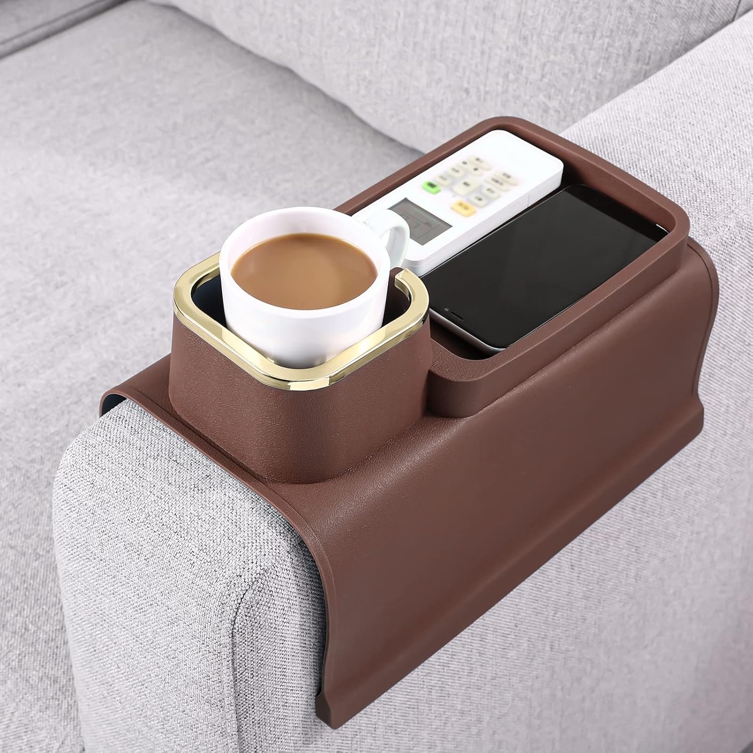 HMASYO Couch Cup Holder Tray - Silicone Sofa Armrest Table Couch Drink Holder and Tray Organizer for Remote Snacks Cellphone, Anti-Spill Anti-Slip Design, Gifts for Family Mom Dad Grandma Brown