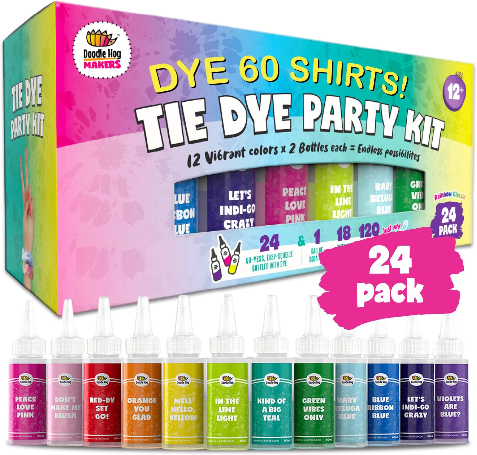 DOODLE HOG Tie Dye Party Kit for Kids & Adults - 24 Large Tye Bottles with 12 Colors Powder, Soda Ash, Gloves Groups Non-Toxic Tyedyedye Clothes