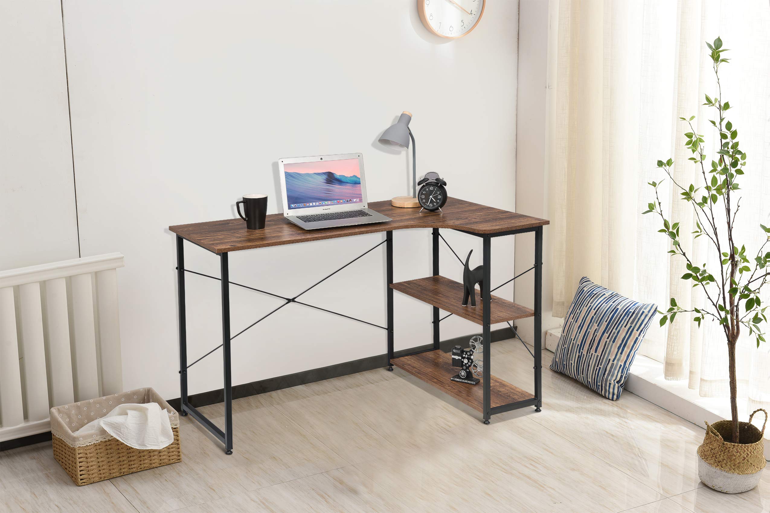 eSituro 120 cm Scrivania per Computer, Scrivania da ufficio ad Angolo, a L con Ripiani, Tavolo da Lavoro, Marrone, 120x74x71,5 cm