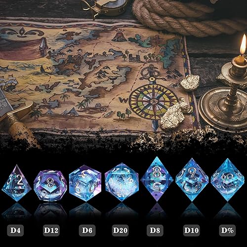 Miniatura 84 de AUSTOR Juego de dados DND de resina de núcleo líquido, de borde afilado, 7 troqueles, juego de dados DND de arena movediza hechos a mano